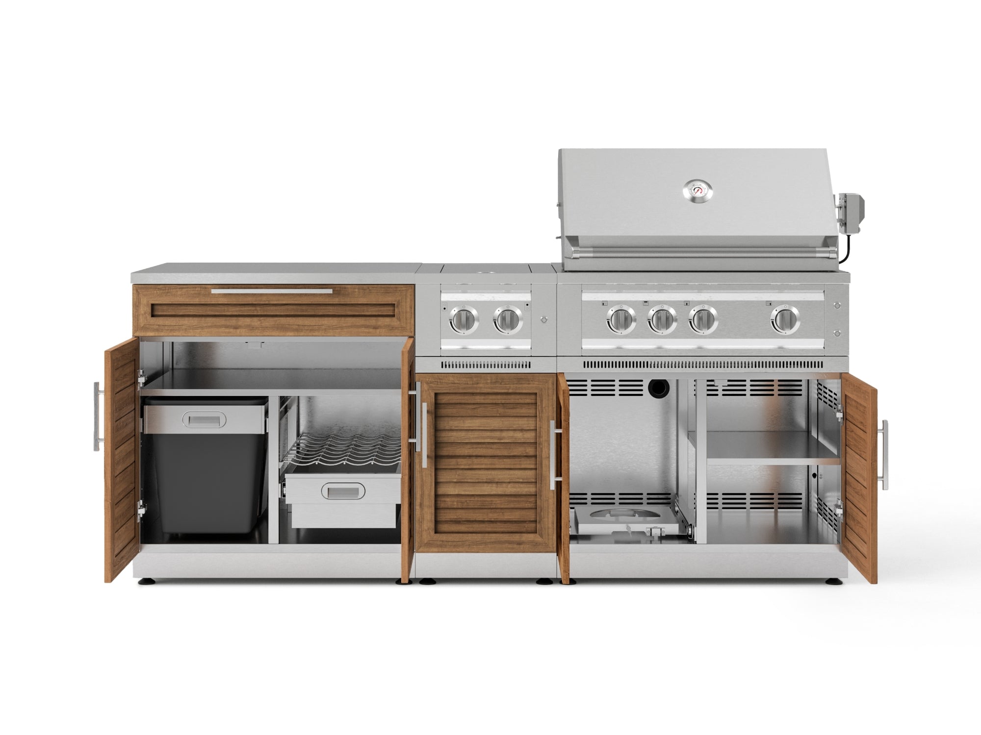 Outdoor Kitchen Stainless Steel Louvered Doors 6-Piece Cabinet Set with Platinum Grill, Dual Side Burner, Bar and Grill Cabinet and Stainless Steel Countertop