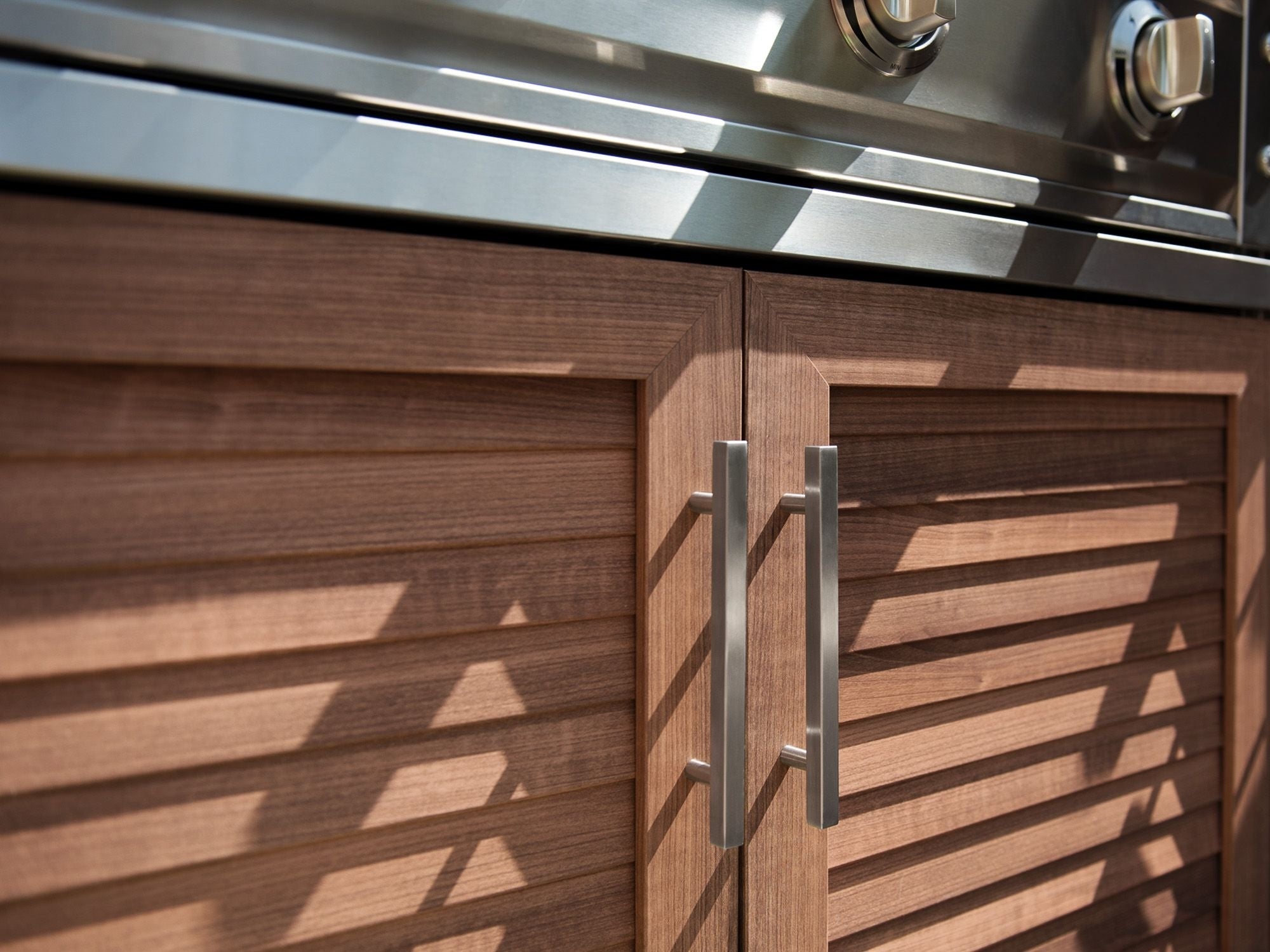 Outdoor Kitchen Stainless Steel Louvered Doors 6-Piece Cabinet Set with Platinum Grill, Dual Side Burner, Bar and Grill Cabinet and Stainless Steel Countertop