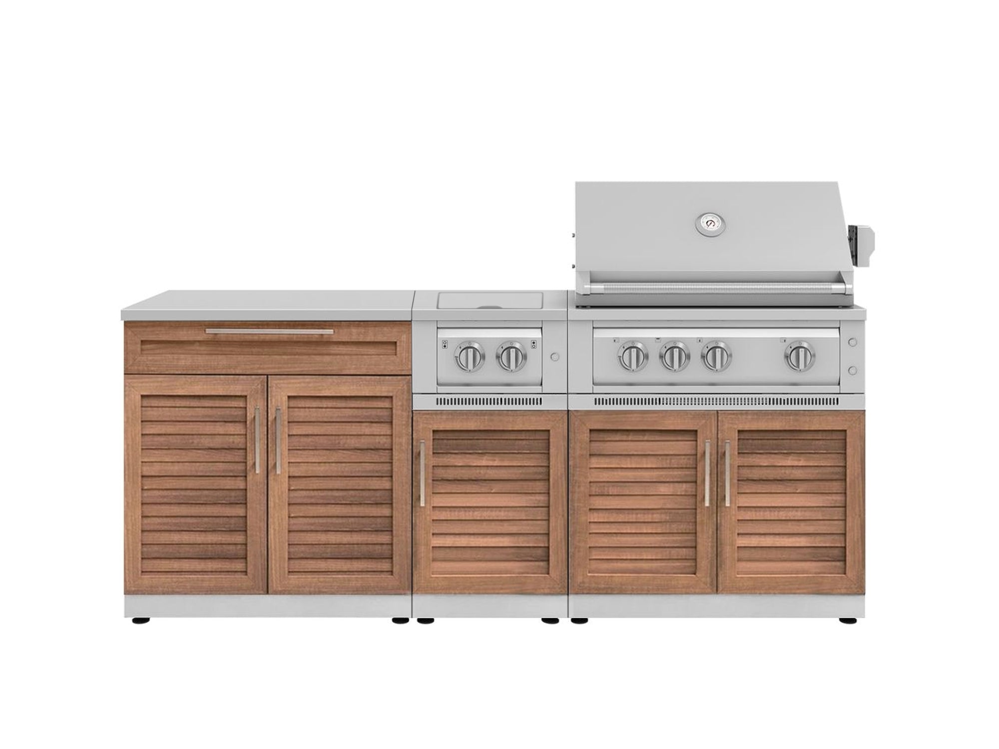 Outdoor Kitchen Stainless Steel Louvered Doors 6-Piece Cabinet Set with Platinum Grill, Dual Side Burner, Bar and Grill Cabinet and Stainless Steel Countertop