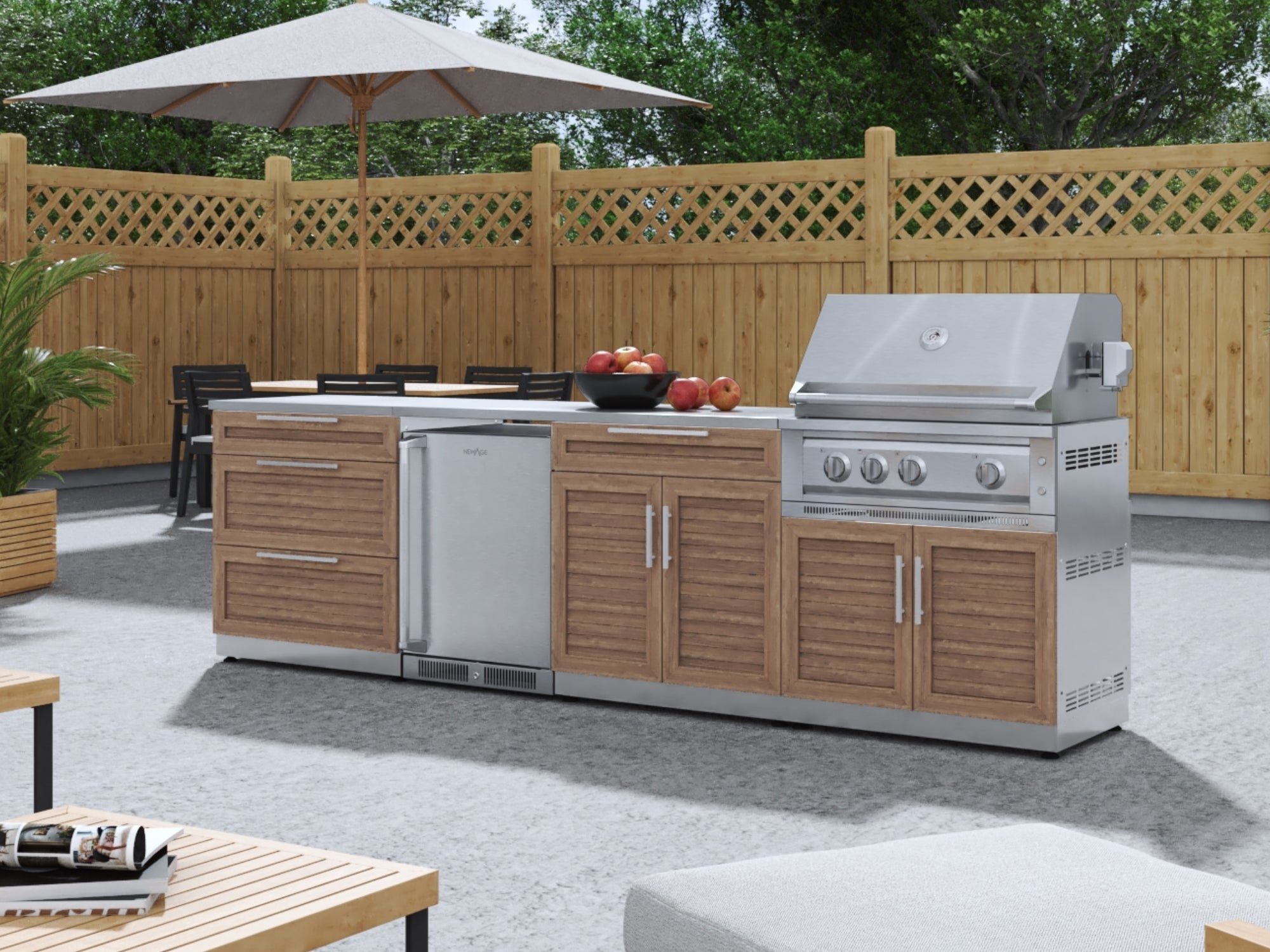 Outdoor Kitchen Stainless Steel Louvered Doors 6-Piece Cabinet Set with Platinum Grill, Dual Side Burner, Bar and Grill Cabinet and Stainless Steel Countertop