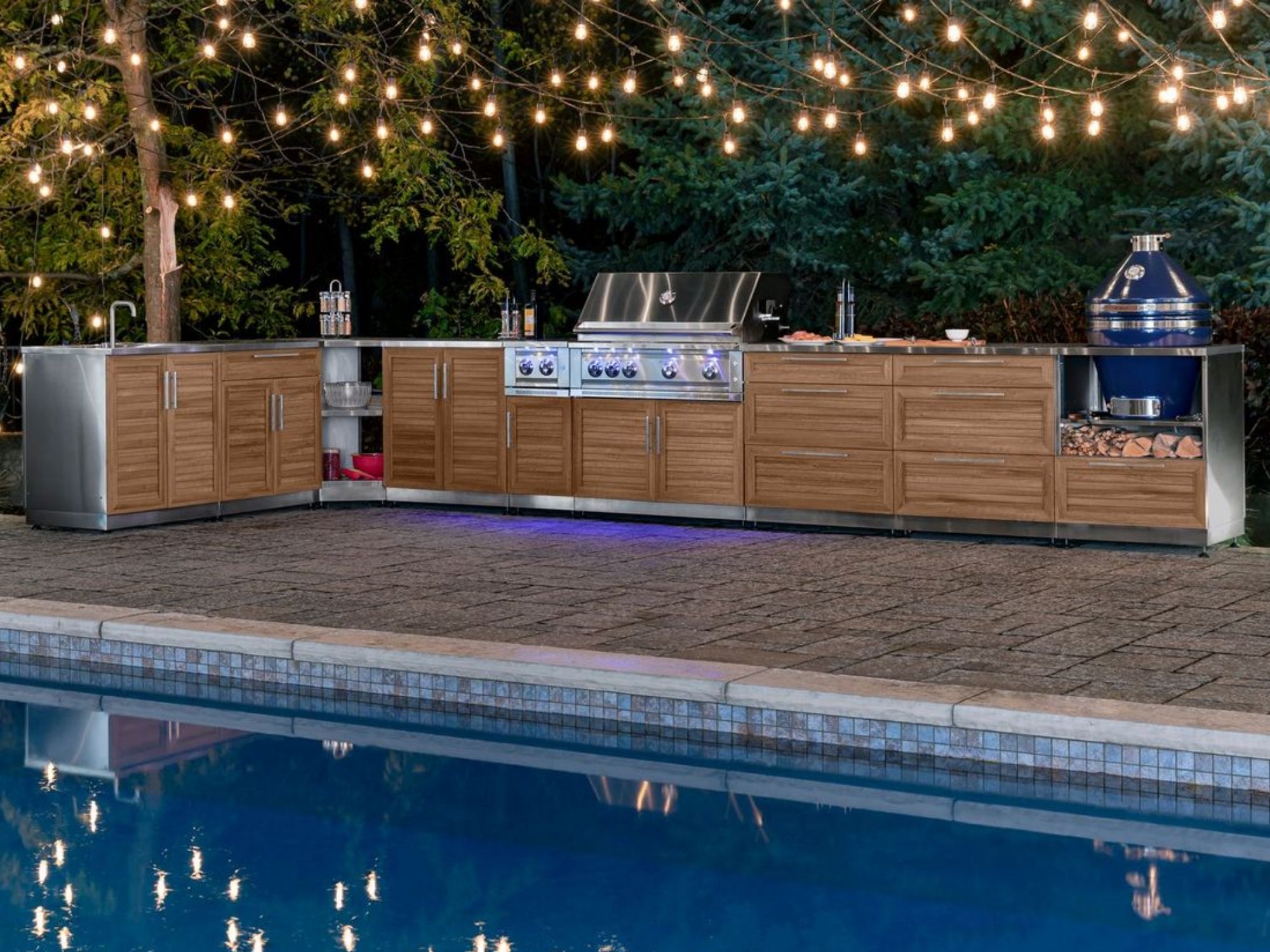 Outdoor Kitchen Stainless Steel Louvered Doors 6-Piece Cabinet Set with Platinum Grill, Dual Side Burner, Bar and Grill Cabinet and Stainless Steel Countertop