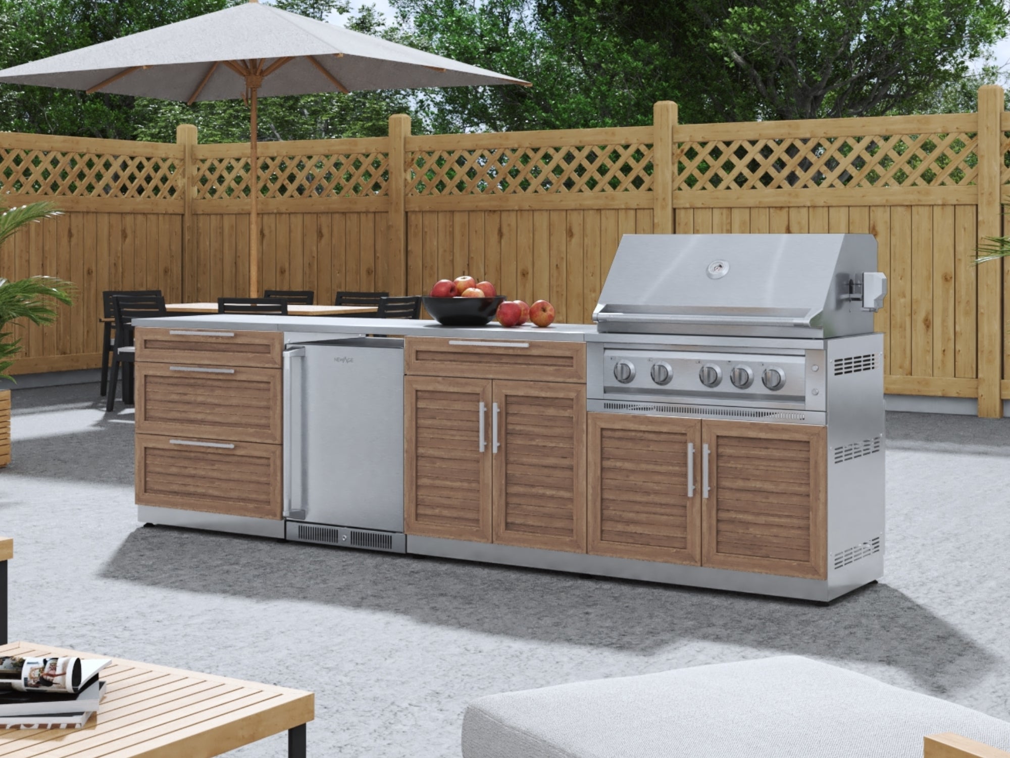 Outdoor Kitchen Stainless Steel Louvered Doors 6-Piece Cabinet Set with Platinum Grill, Dual Side Burner, Bar and Grill Cabinet and Stainless Steel Countertop