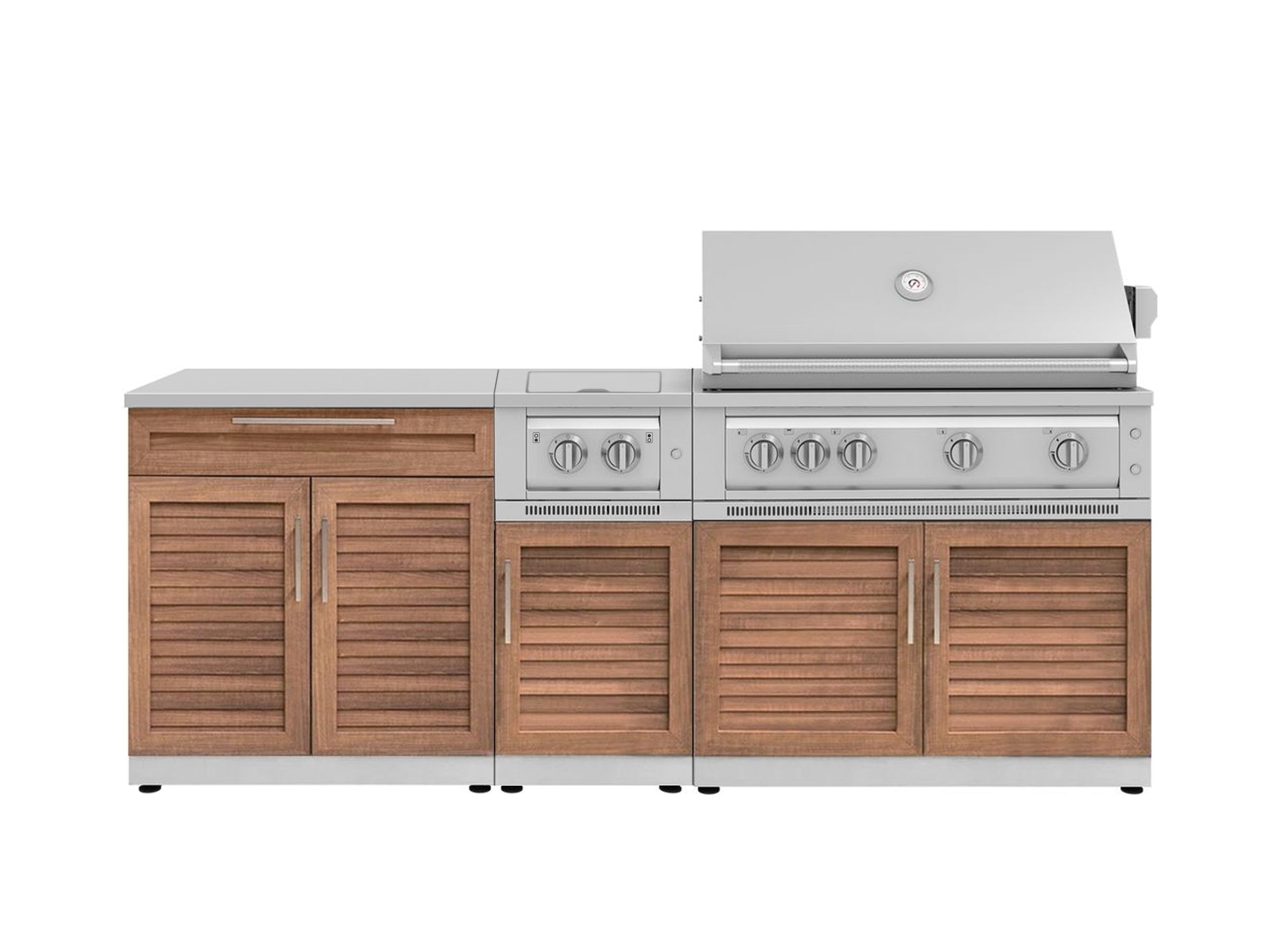 Outdoor Kitchen Stainless Steel Louvered Doors 6-Piece Cabinet Set with Platinum Grill, Dual Side Burner, Bar and Grill Cabinet and Stainless Steel Countertop