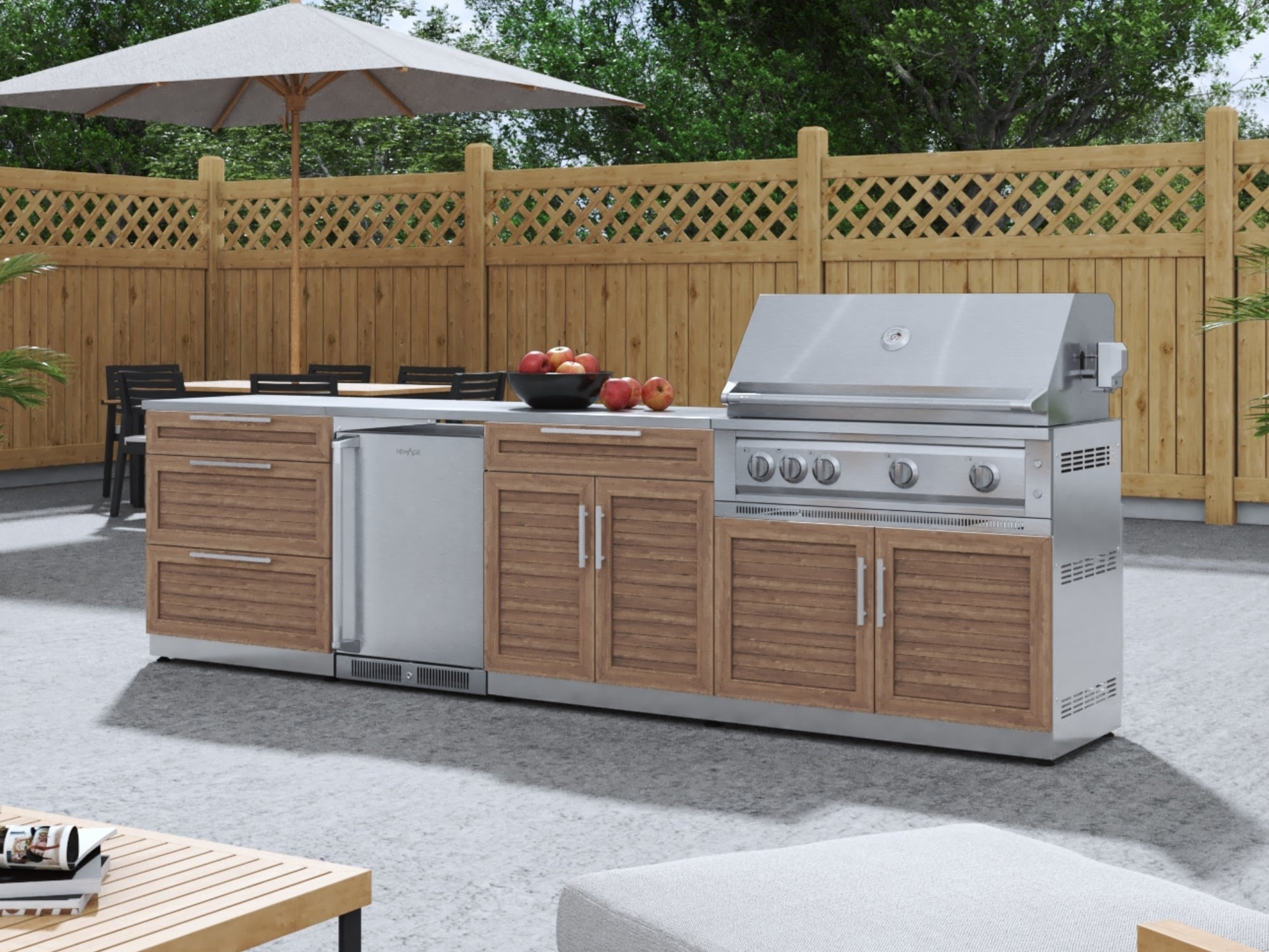 Outdoor Kitchen Stainless Steel Louvered Doors 6-Piece Cabinet Set with Platinum Grill, Dual Side Burner, Bar and Grill Cabinet and Stainless Steel Countertop