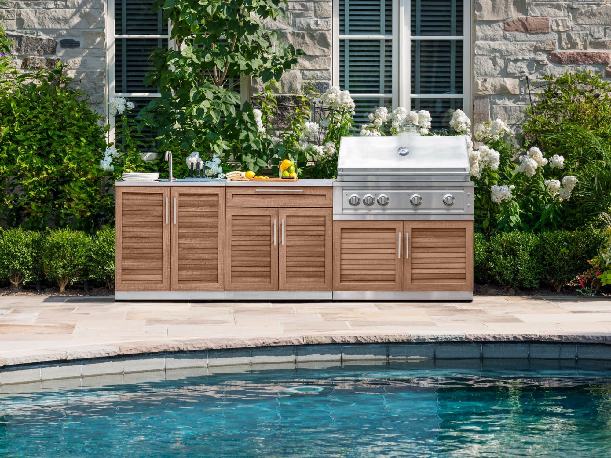 Outdoor Kitchen Stainless Steel Louvered Doors 6-Piece Cabinet Set with Platinum Grill, Dual Side Burner, Bar and Grill Cabinet and Stainless Steel Countertop
