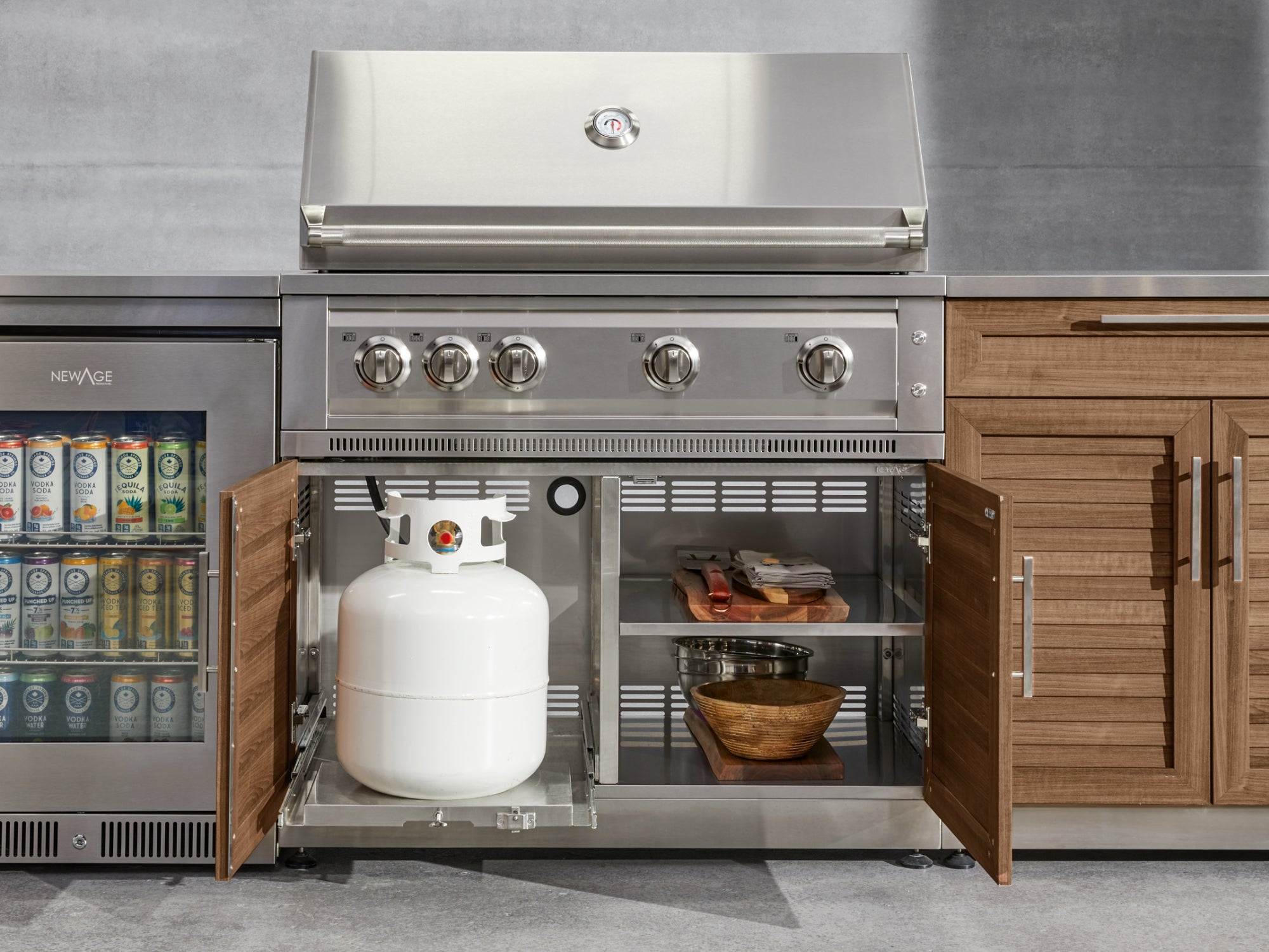 Outdoor Kitchen Stainless Steel Louvered Doors 6-Piece Cabinet Set with Platinum Grill, Dual Side Burner, Bar and Grill Cabinet and Stainless Steel Countertop
