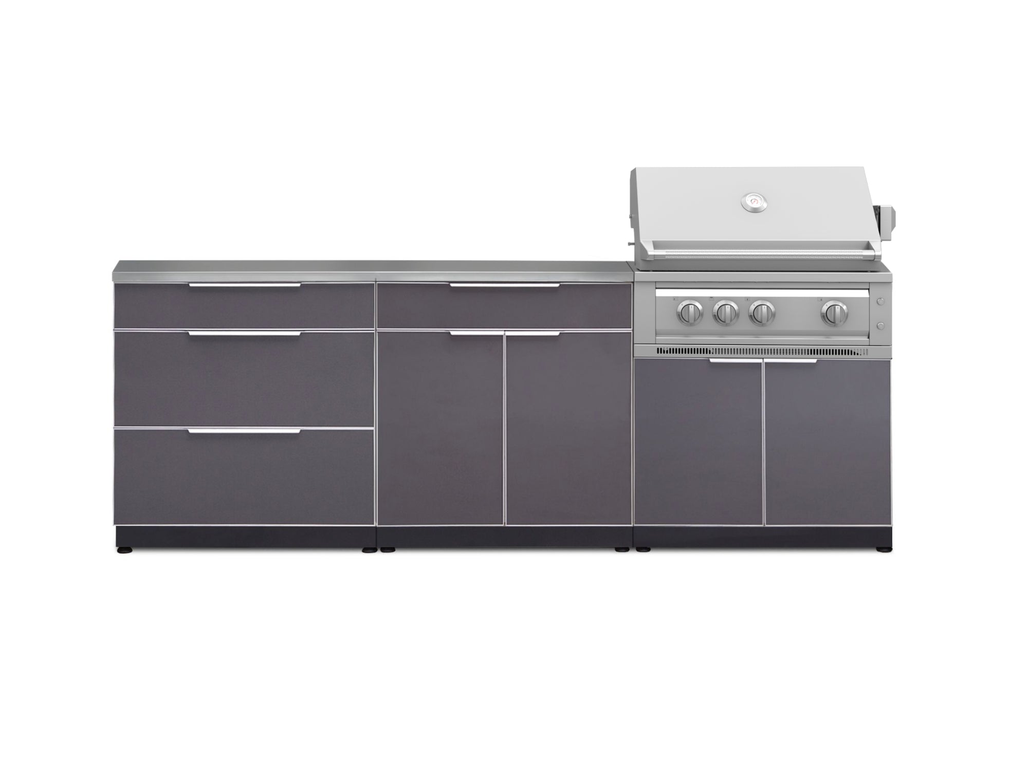 Outdoor Kitchen Aluminum 5 Piece Cabinet Set With 3 Drawer, Bar, Grill Cabinet, Platinum Grill and Countertop
