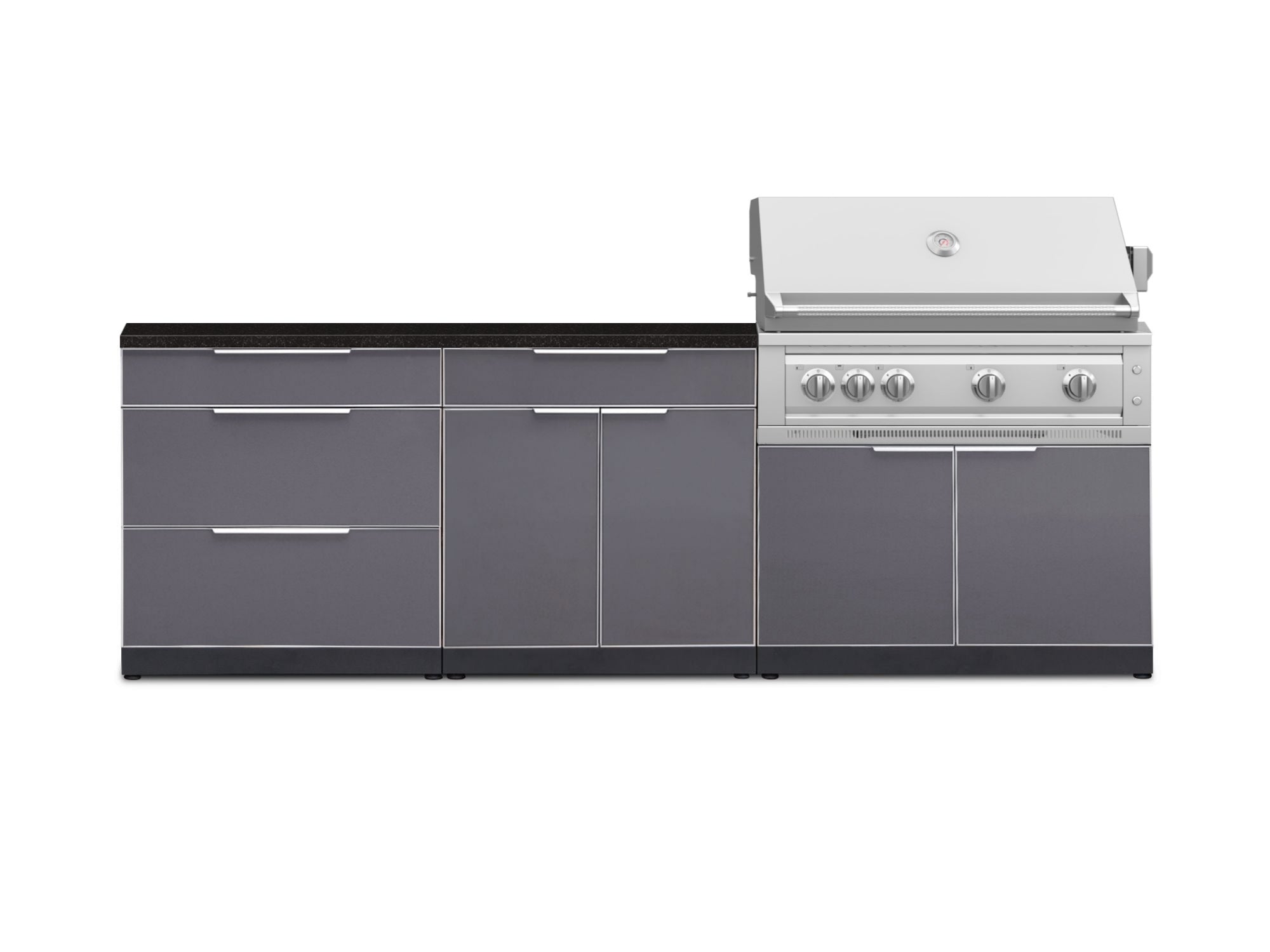 Outdoor Kitchen Aluminum 5 Piece Cabinet Set With 3 Drawer, Bar, Grill Cabinet, Platinum Grill and Countertop