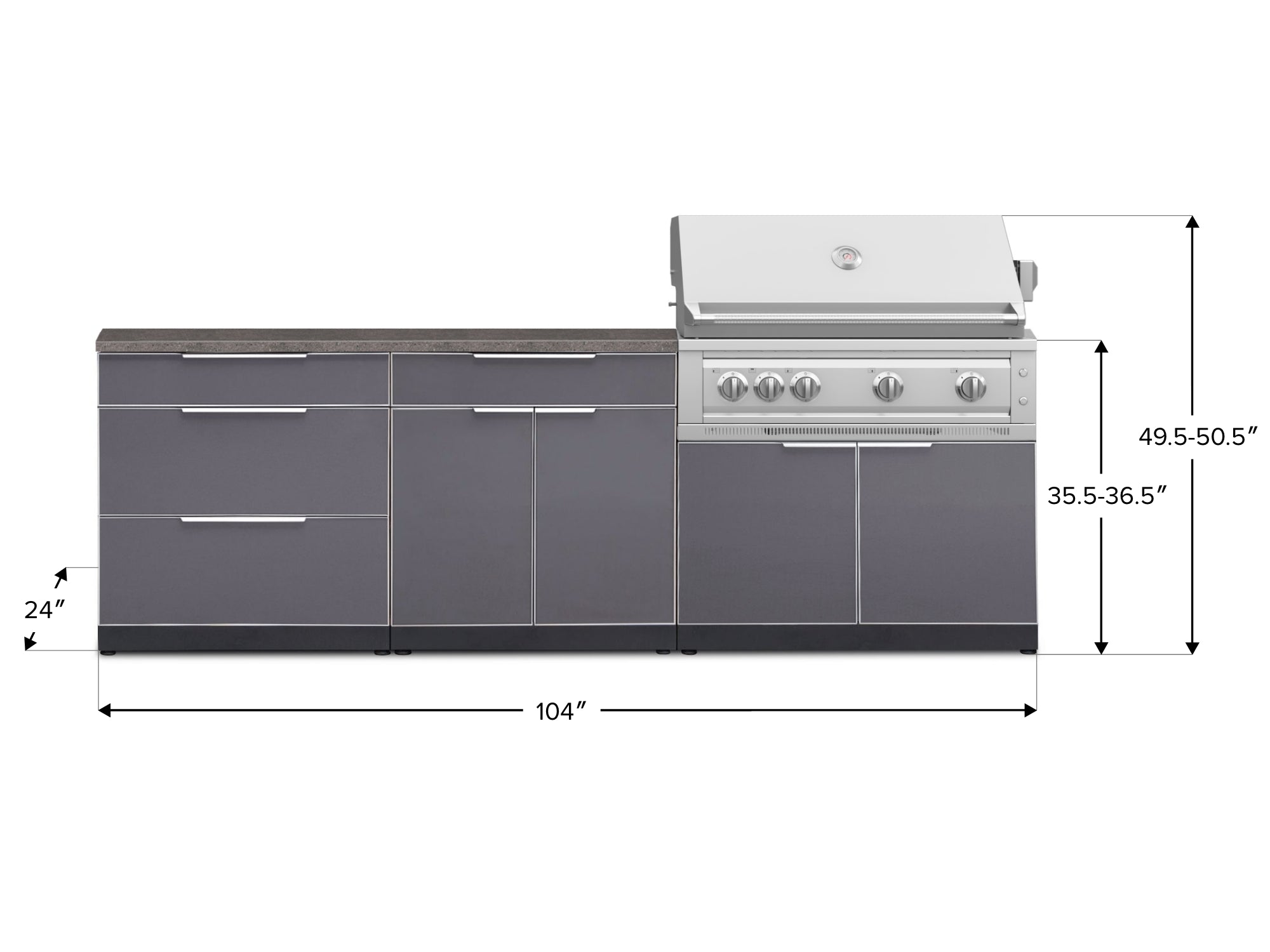 Outdoor Kitchen Aluminum 5 Piece Cabinet Set With 3 Drawer, Bar, Grill Cabinet, Platinum Grill and Countertop