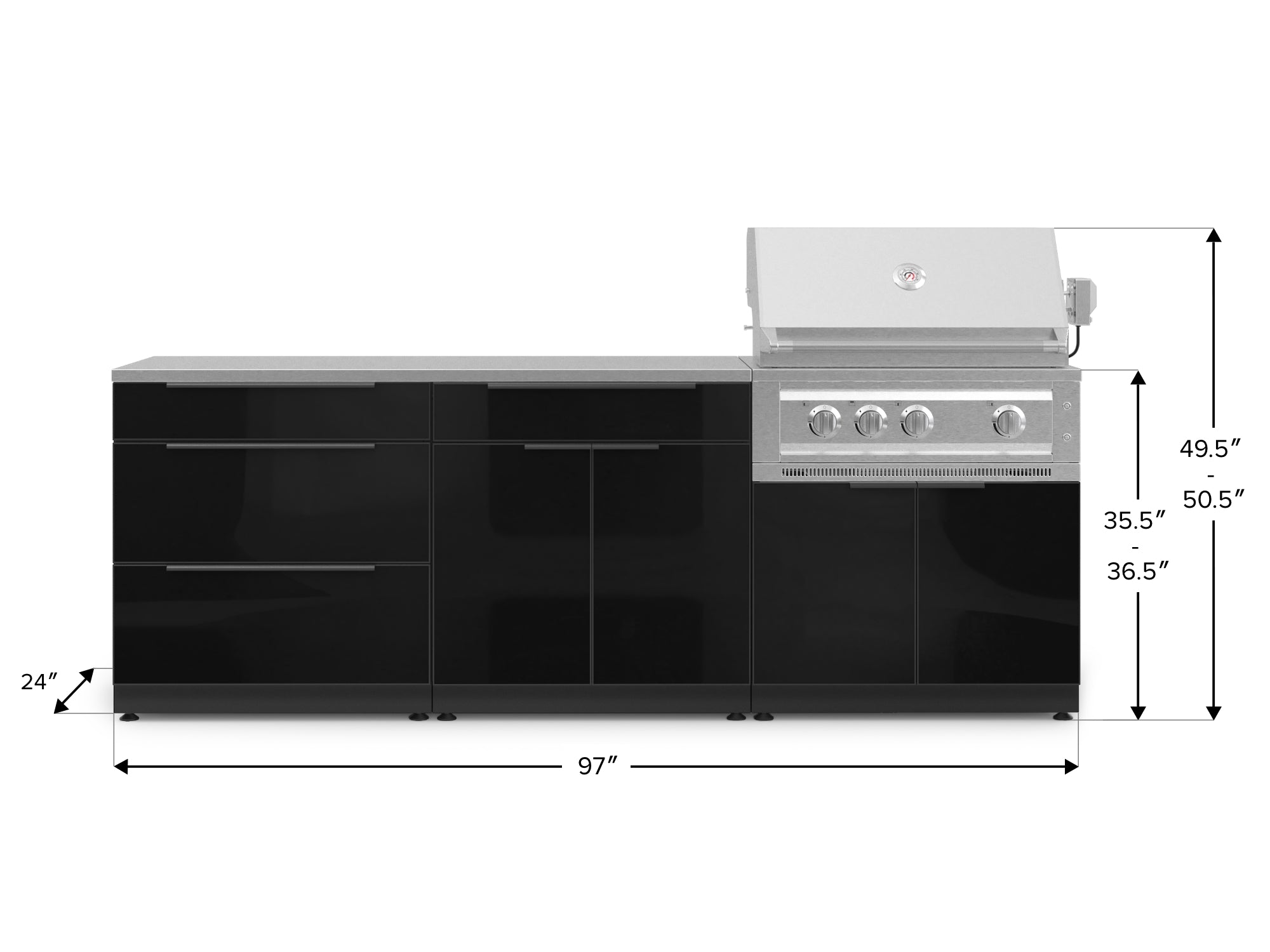 Outdoor Kitchen Aluminum 5 Piece Cabinet Set With 3 Drawer, Bar, Grill Cabinet, Platinum Grill and Countertop