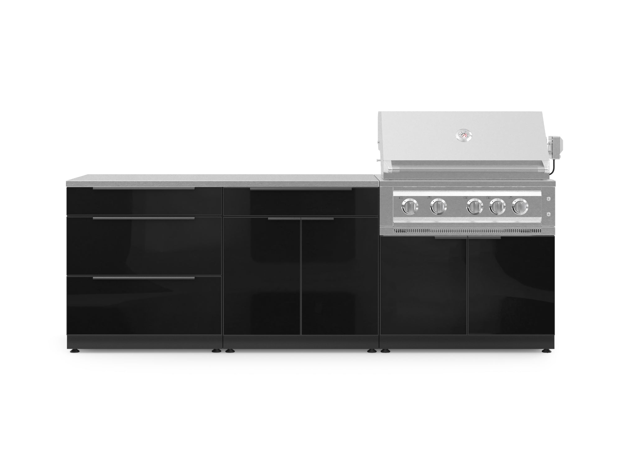 Outdoor Kitchen Aluminum 5 Piece Cabinet Set With 3 Drawer, Bar, Grill Cabinet, Platinum Grill and Countertop