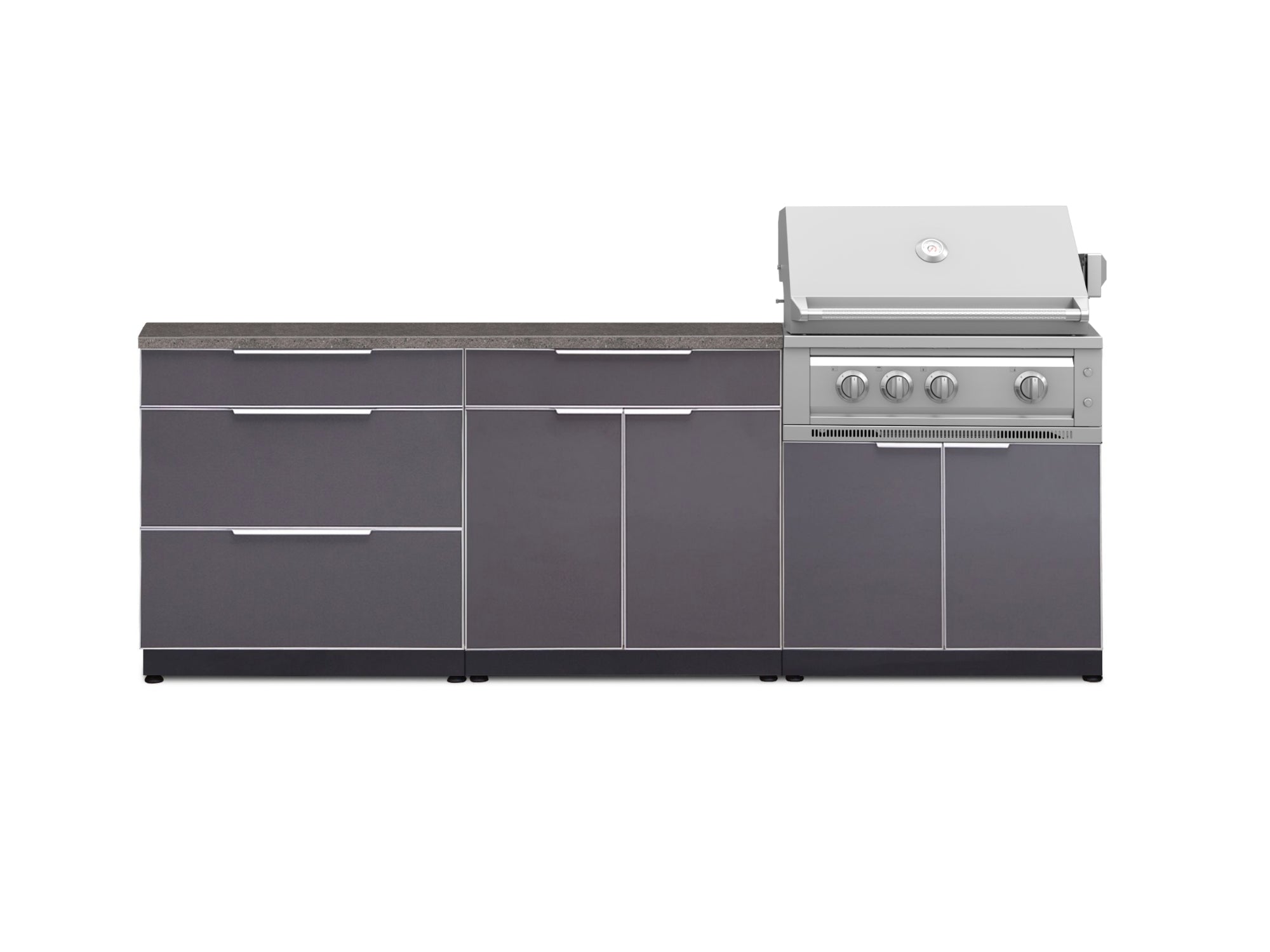 Outdoor Kitchen Aluminum 5 Piece Cabinet Set With 3 Drawer, Bar, Grill Cabinet, Platinum Grill and Countertop