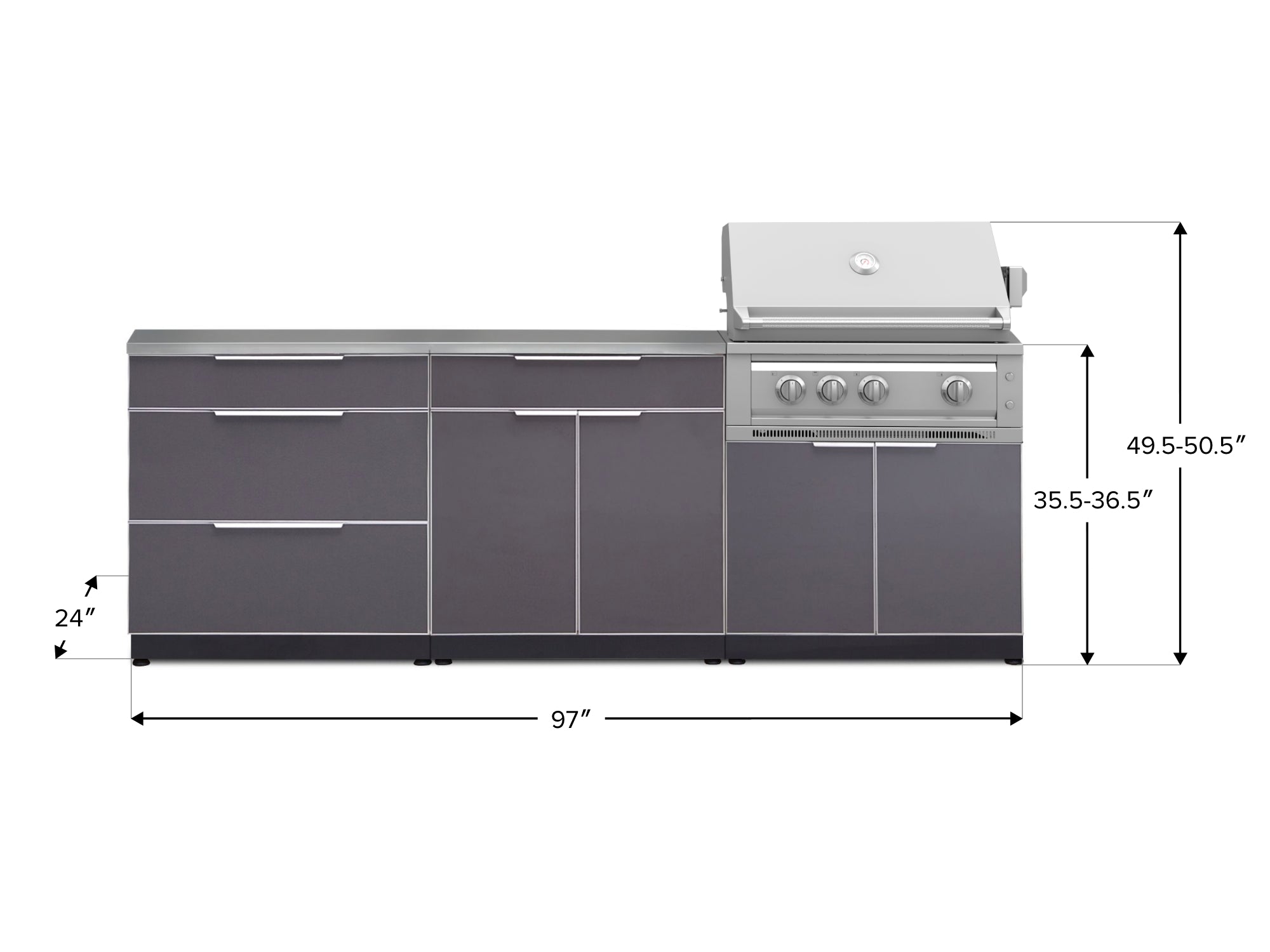Outdoor Kitchen Aluminum 5 Piece Cabinet Set With 3 Drawer, Bar, Grill Cabinet, Platinum Grill and Countertop