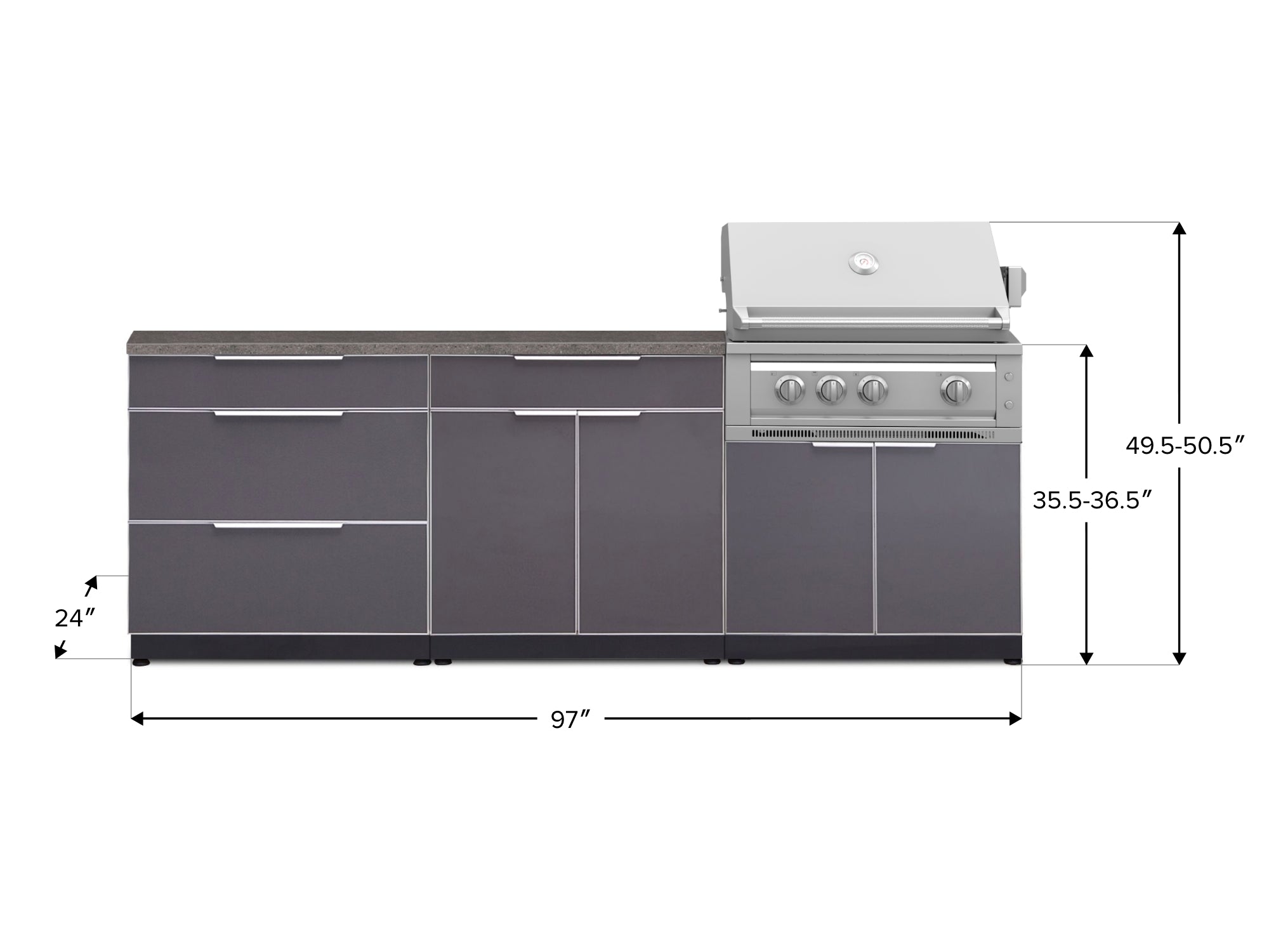 Outdoor Kitchen Aluminum 5 Piece Cabinet Set With 3 Drawer, Bar, Grill Cabinet, Platinum Grill and Countertop