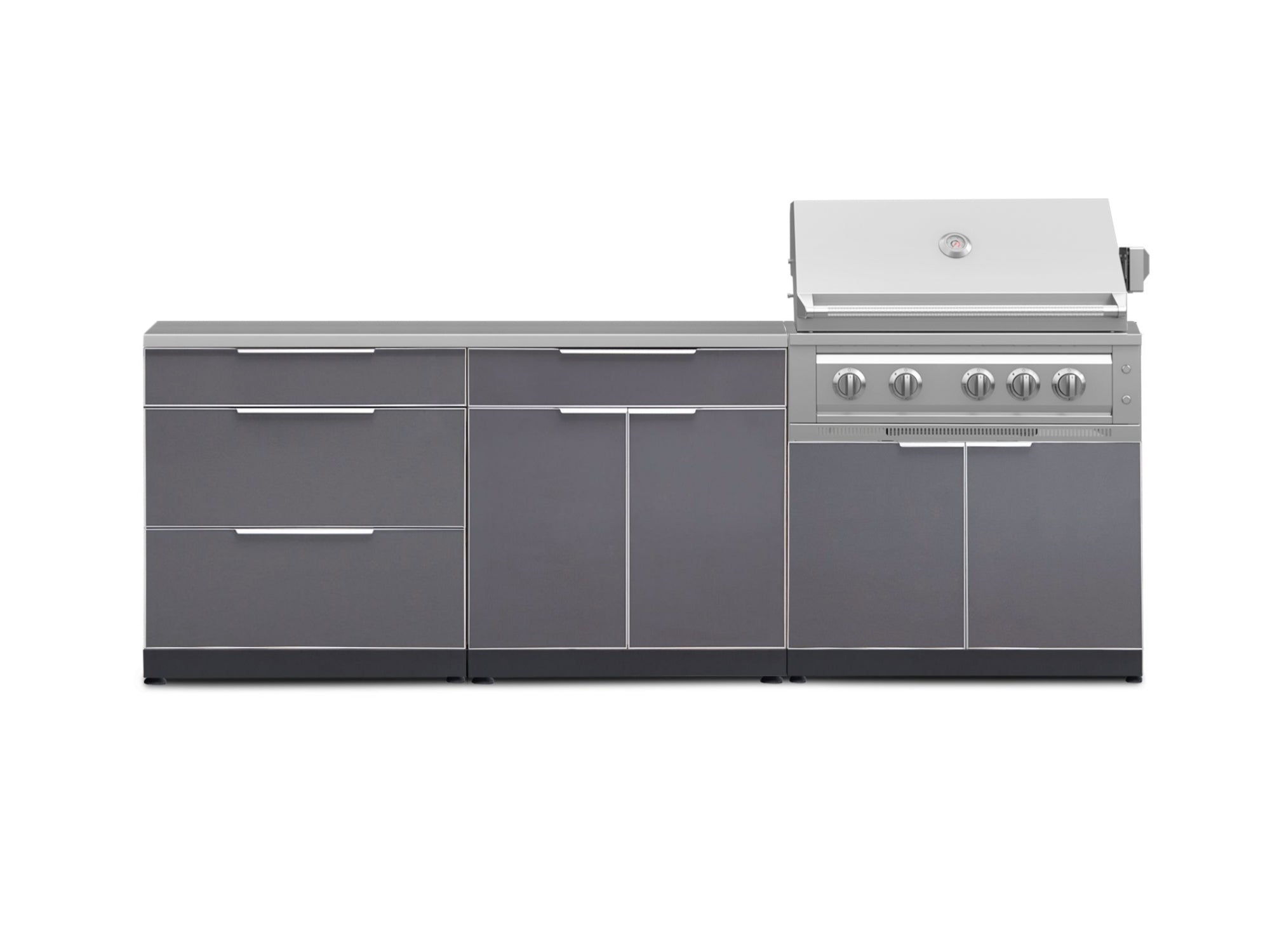 Outdoor Kitchen Aluminum 5 Piece Cabinet Set With 3 Drawer, Bar, Grill Cabinet, Platinum Grill and Countertop