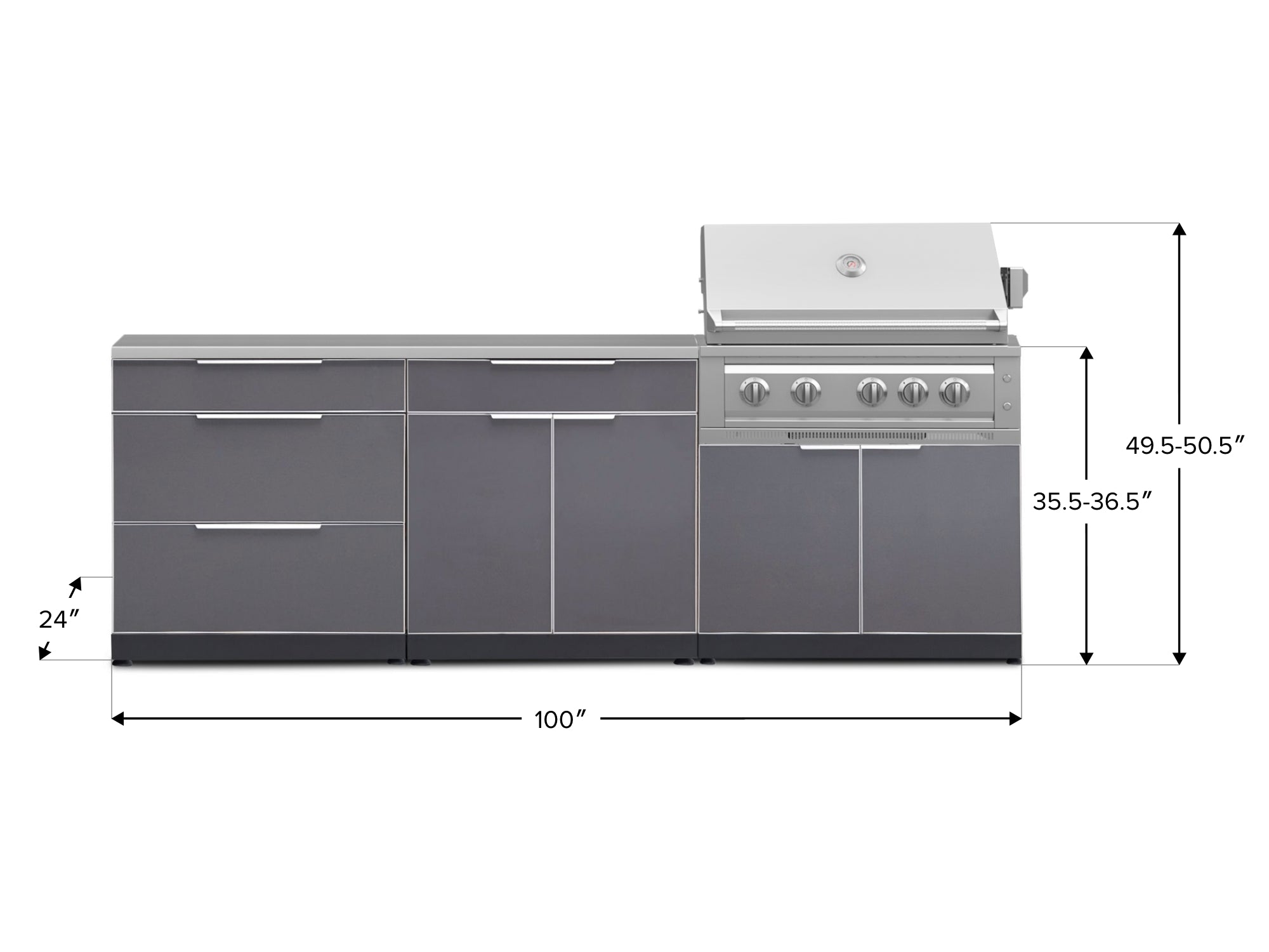 Outdoor Kitchen Aluminum 5 Piece Cabinet Set With 3 Drawer, Bar, Grill Cabinet, Platinum Grill and Countertop