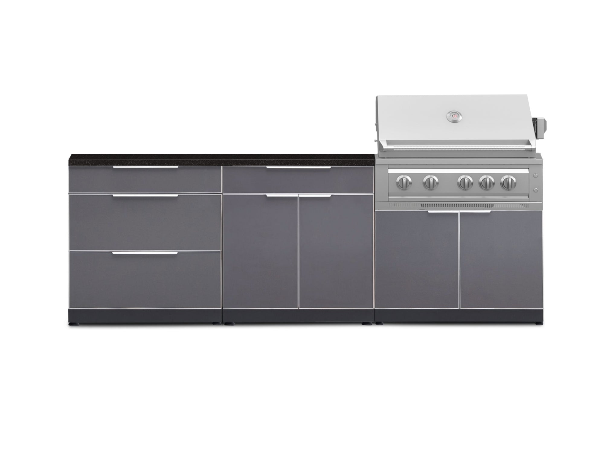 Outdoor Kitchen Aluminum 5 Piece Cabinet Set With 3 Drawer, Bar, Grill Cabinet, Platinum Grill and Countertop