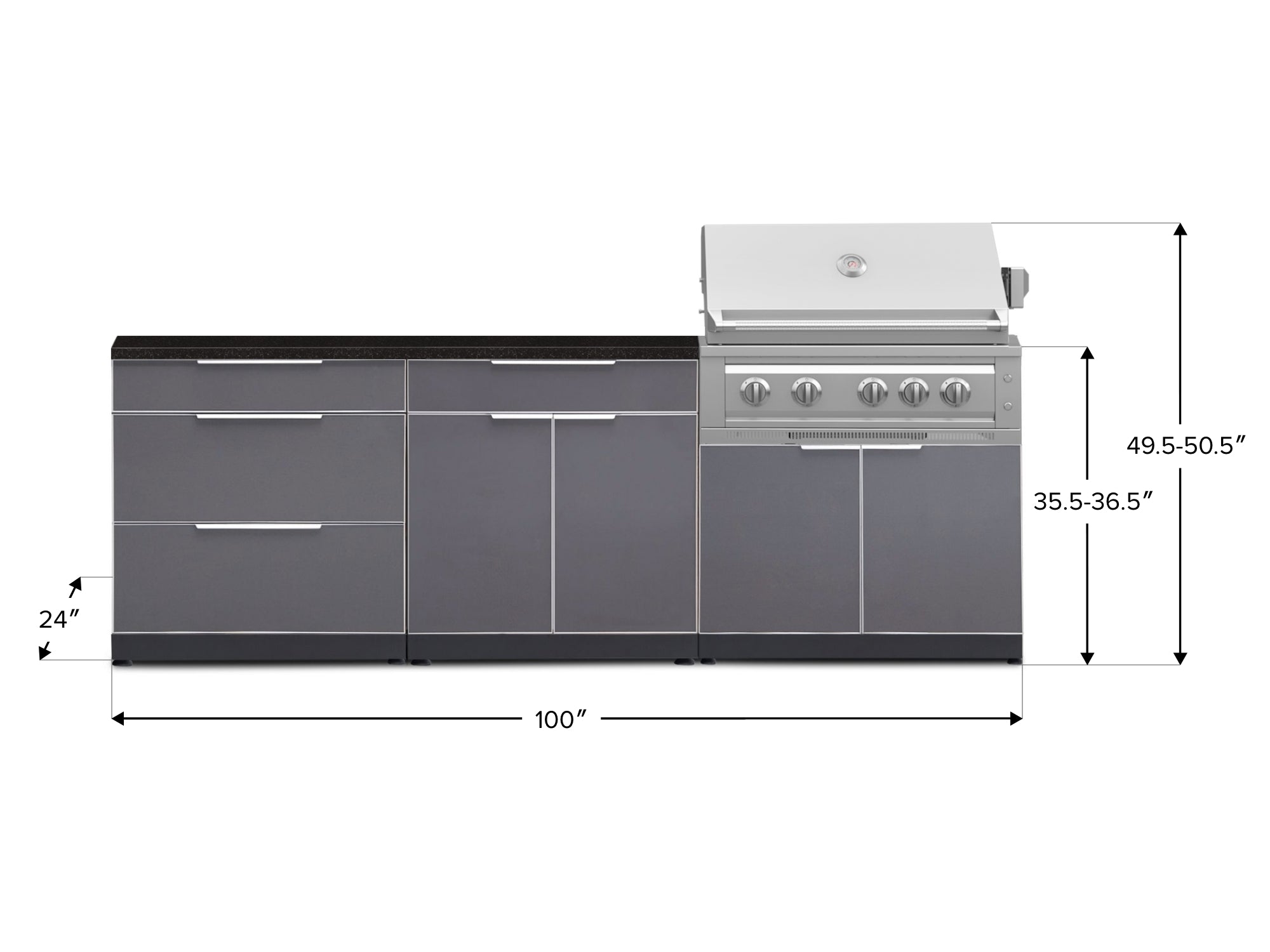 Outdoor Kitchen Aluminum 5 Piece Cabinet Set With 3 Drawer, Bar, Grill Cabinet, Platinum Grill and Countertop