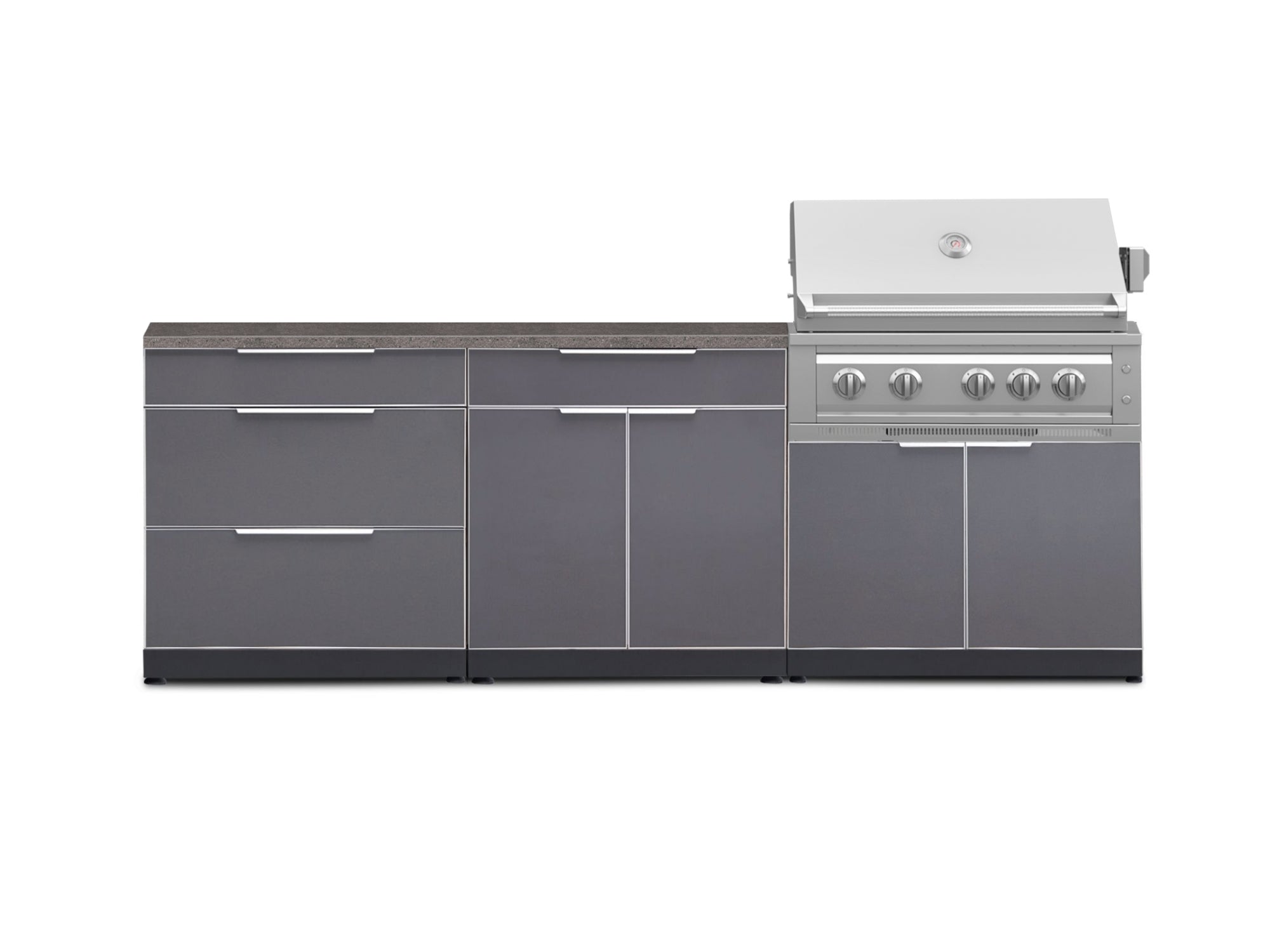 Outdoor Kitchen Aluminum 5 Piece Cabinet Set With 3 Drawer, Bar, Grill Cabinet, Platinum Grill and Countertop