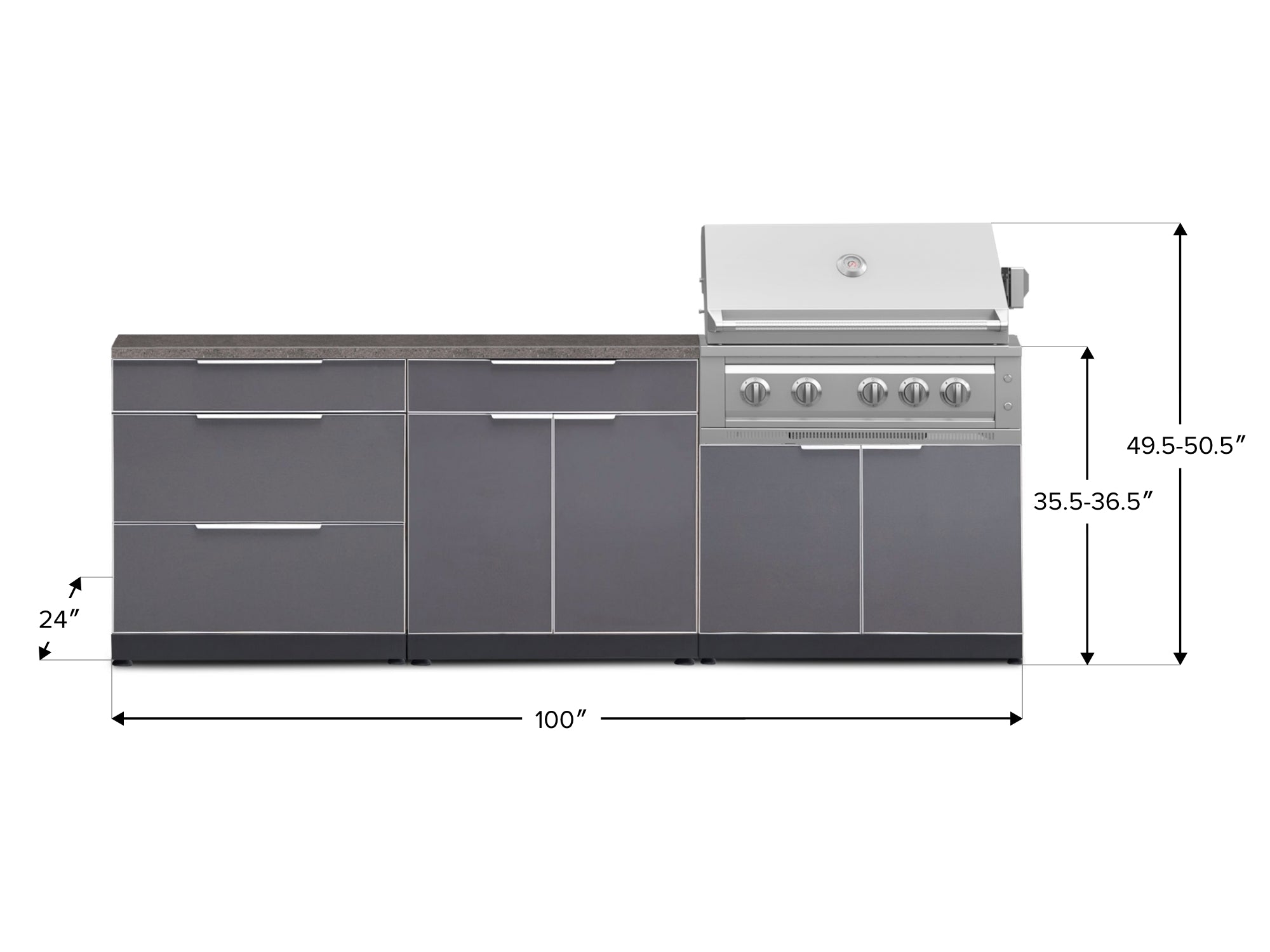 Outdoor Kitchen Aluminum 5 Piece Cabinet Set With 3 Drawer, Bar, Grill Cabinet, Platinum Grill and Countertop