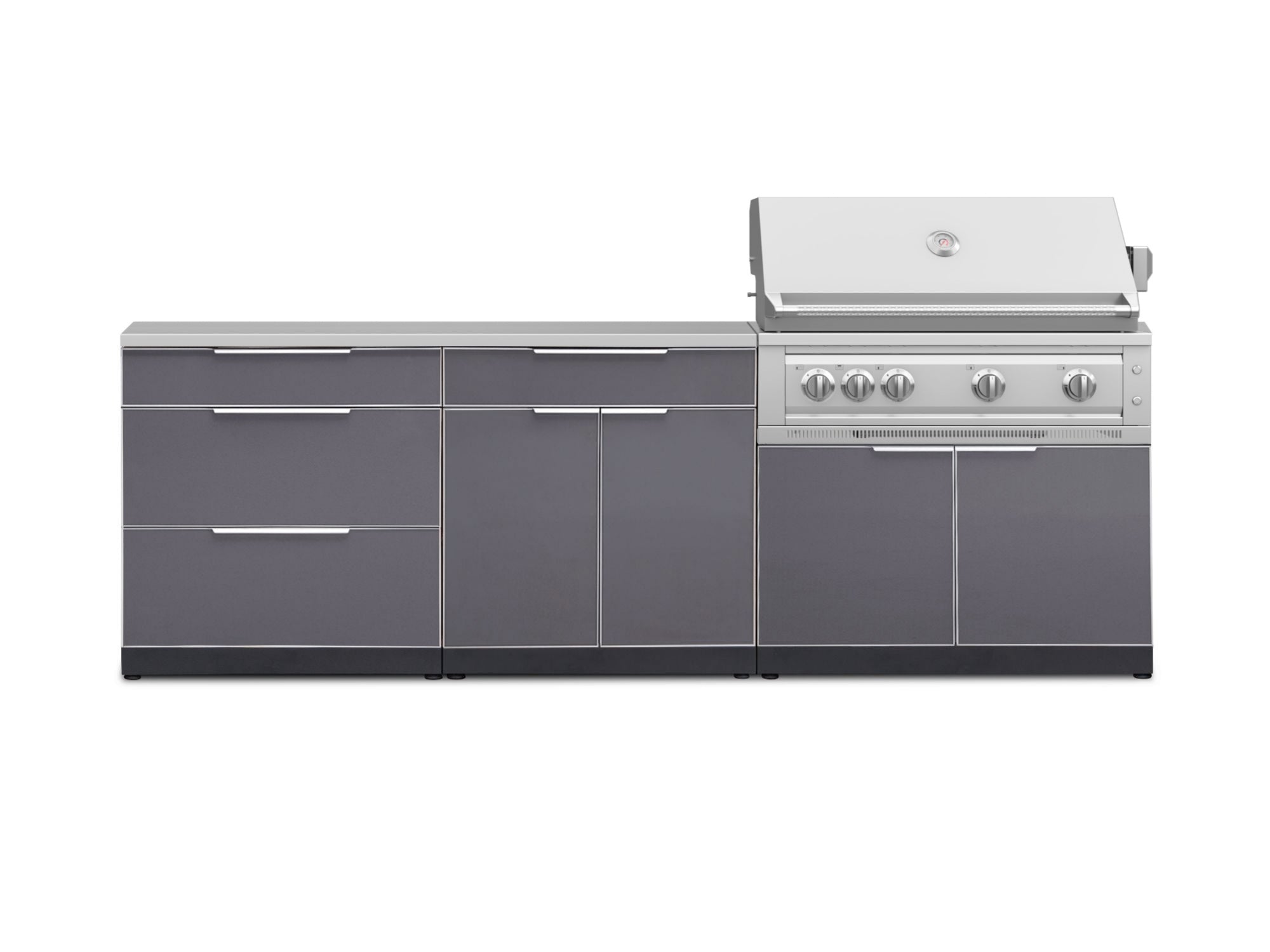 Outdoor Kitchen Aluminum 5 Piece Cabinet Set With 3 Drawer, Bar, Grill Cabinet, Platinum Grill and Countertop