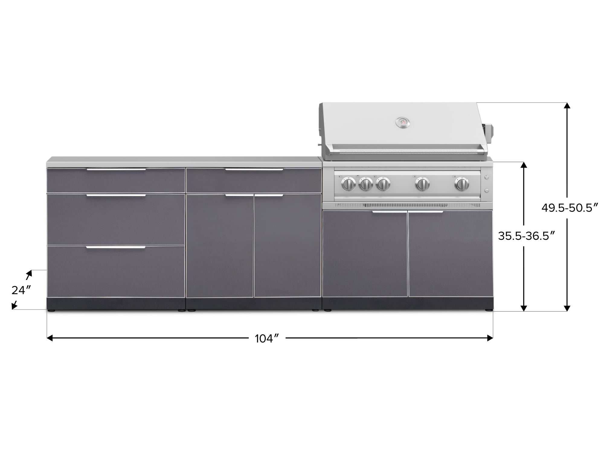 Outdoor Kitchen Aluminum 5 Piece Cabinet Set With 3 Drawer, Bar, Grill Cabinet, Platinum Grill and Countertop