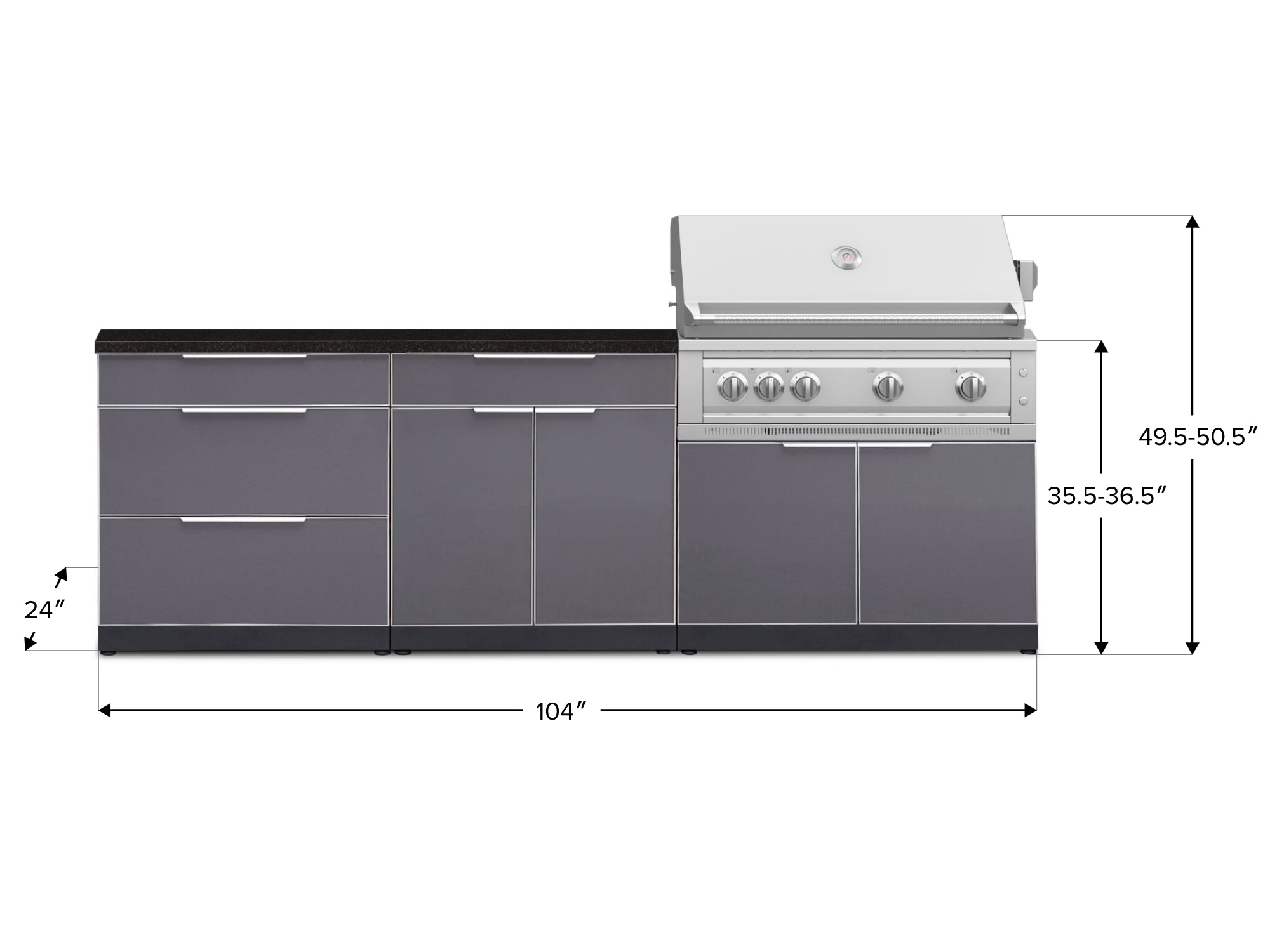 Outdoor Kitchen Aluminum 5 Piece Cabinet Set With 3 Drawer, Bar, Grill Cabinet, Platinum Grill and Countertop