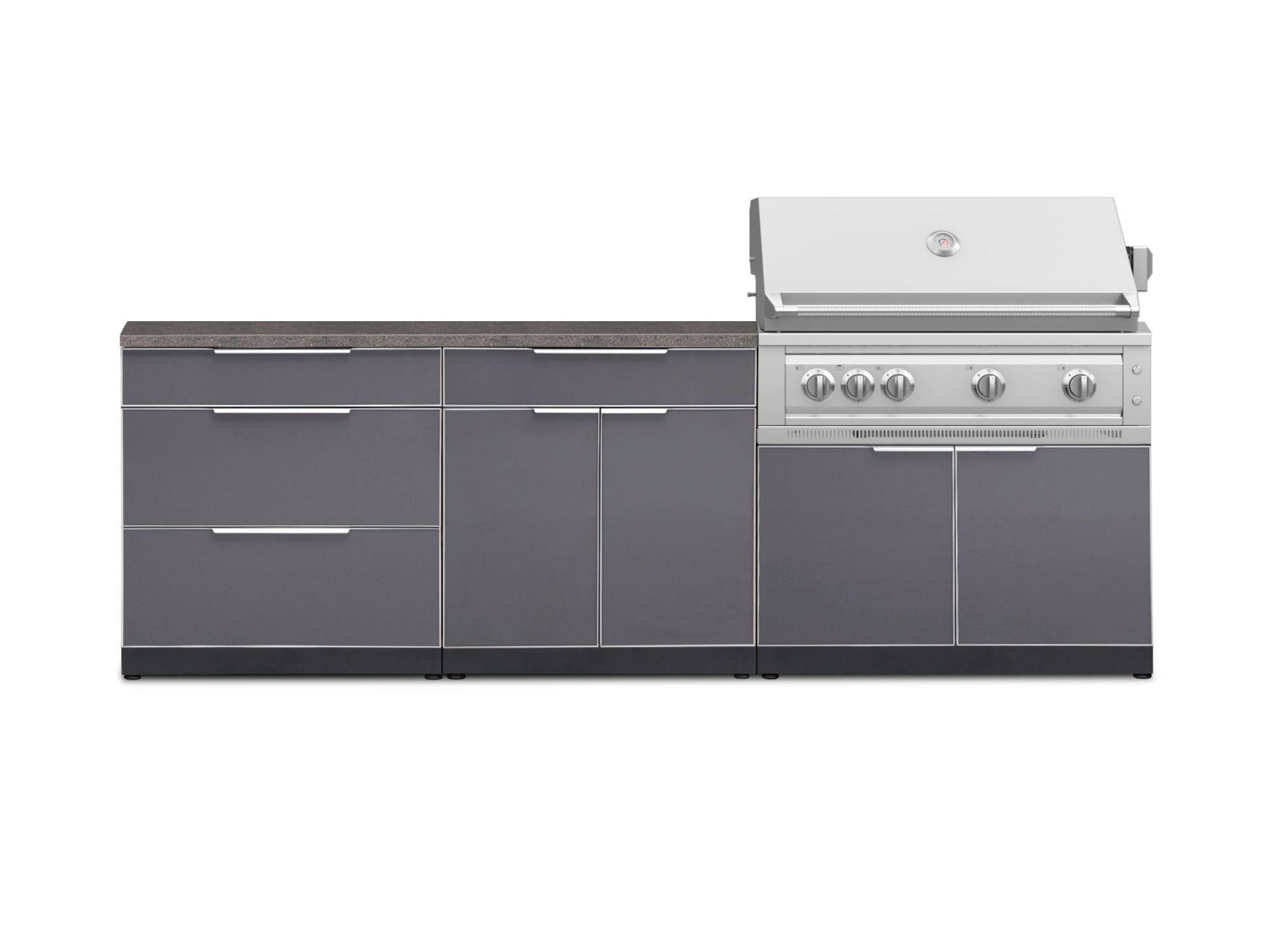 Outdoor Kitchen Aluminum 5 Piece Cabinet Set With 3 Drawer, Bar, Grill Cabinet, Platinum Grill and Countertop