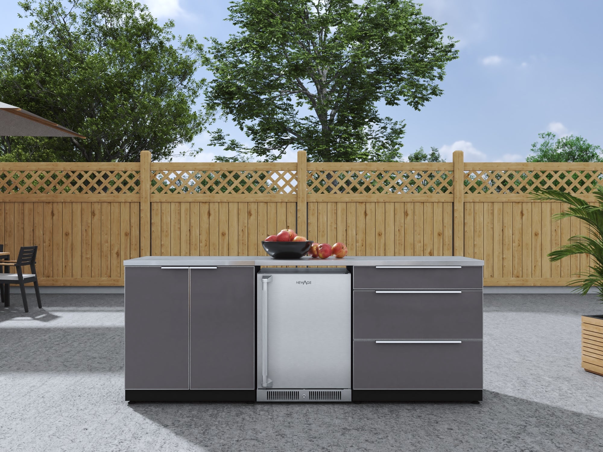 Outdoor Kitchen Aluminum 5 Piece Cabinet Set with 3-Drawer, 2-Door Cabinet, Countertops and Fridge