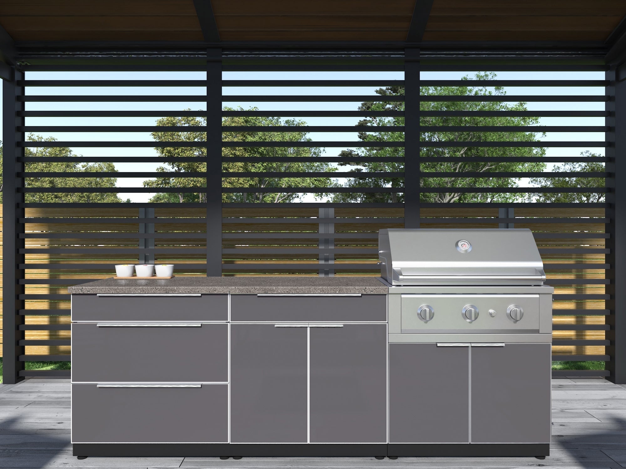 Outdoor Kitchen Aluminum 5 Piece Cabinet Set with 3-Drawer, 2-Door Cabinet, Countertops and Fridge