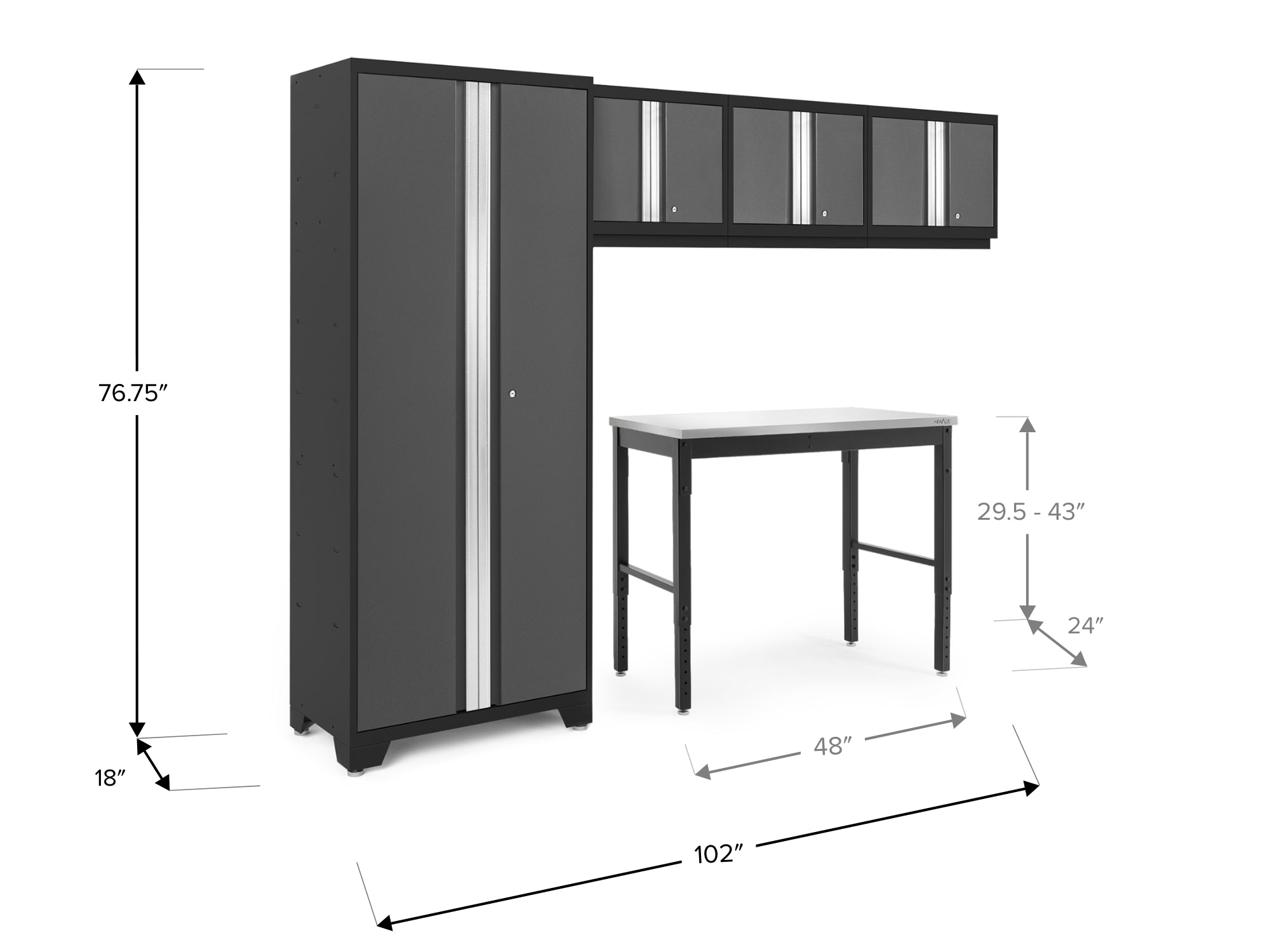 Bold Series 5 Piece Cabinet Set with Multi-use Locker, Wall Cabinet, and 48-Inch Workbench