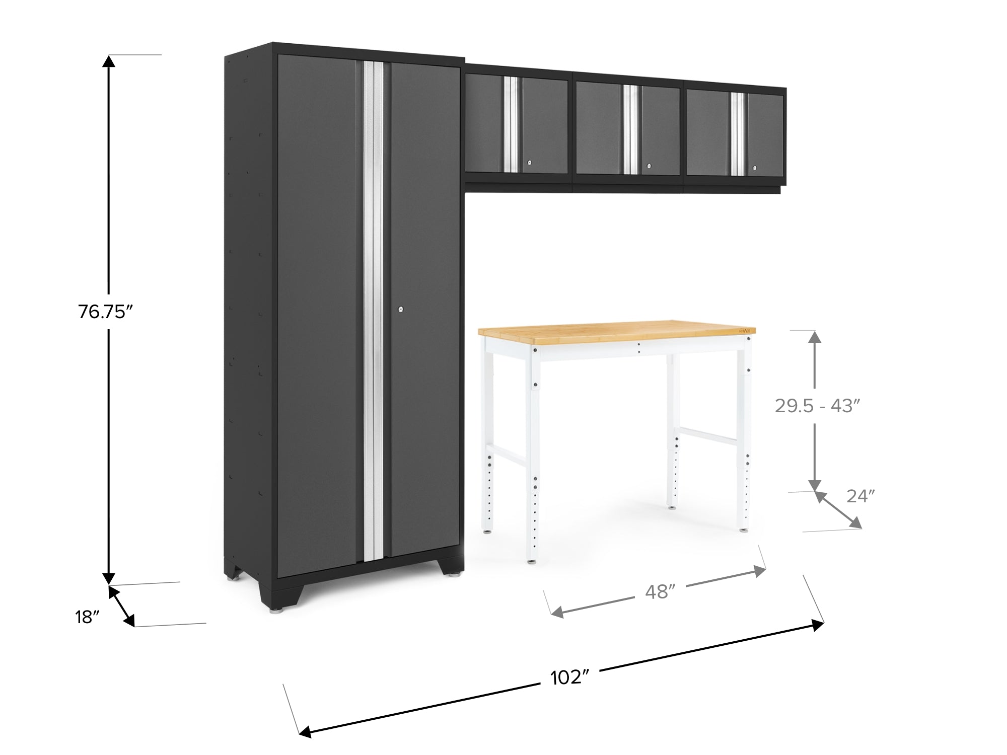 Bold Series 5 Piece Cabinet Set with Multi-use Locker, Wall Cabinet, and 48-Inch Workbench