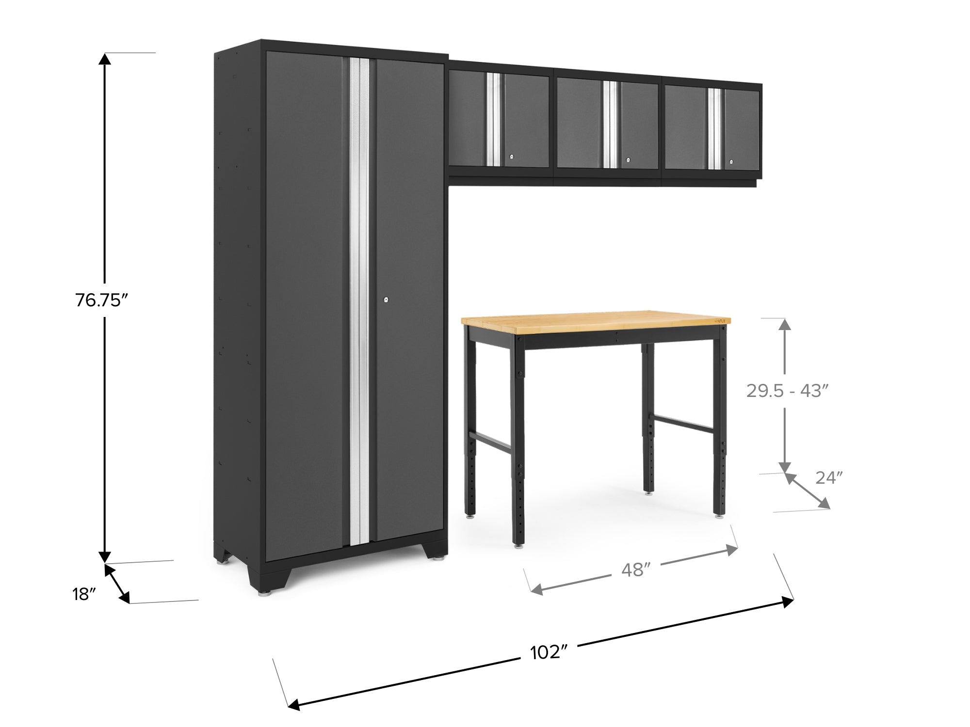 Bold Series 5 Piece Cabinet Set with Multi-use Locker, Wall Cabinet, and 48-Inch Workbench
