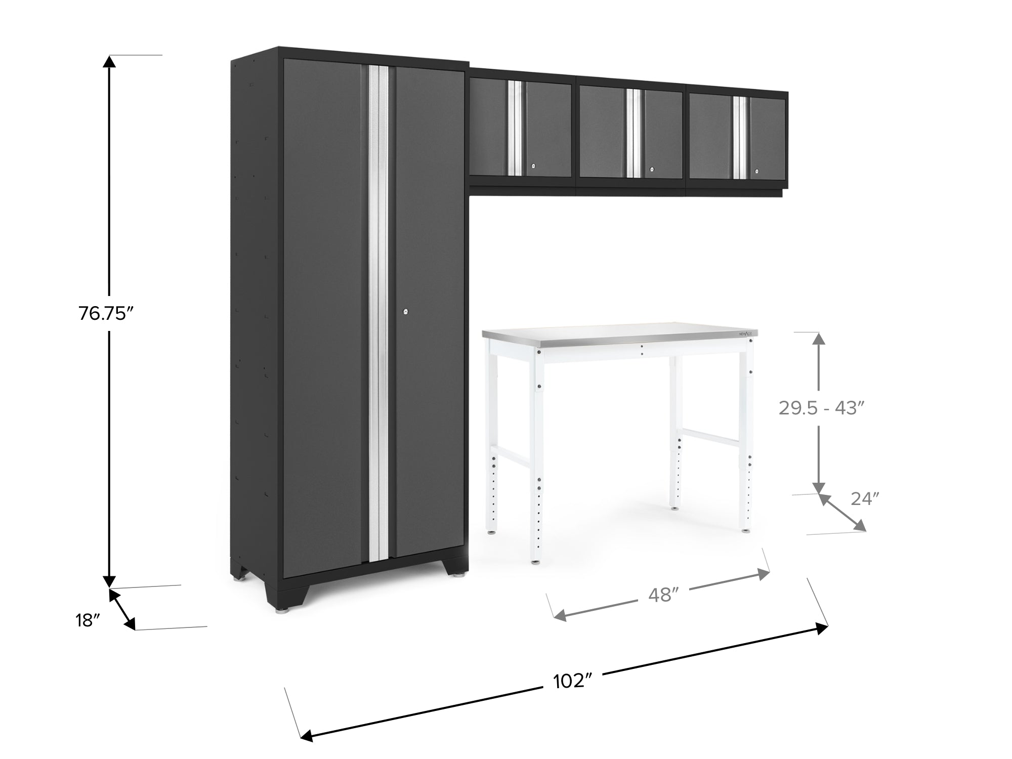 Bold Series 5 Piece Cabinet Set with Multi-use Locker, Wall Cabinet, and 48-Inch Workbench