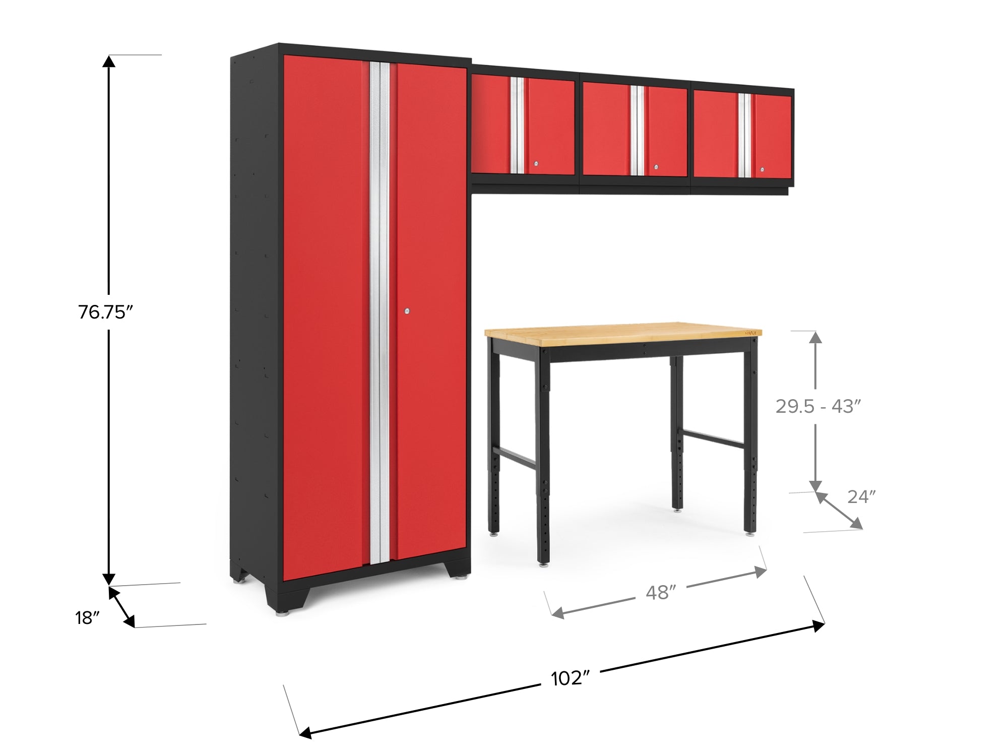 Bold Series 5 Piece Cabinet Set with Multi-use Locker, Wall Cabinet, and 48-Inch Workbench