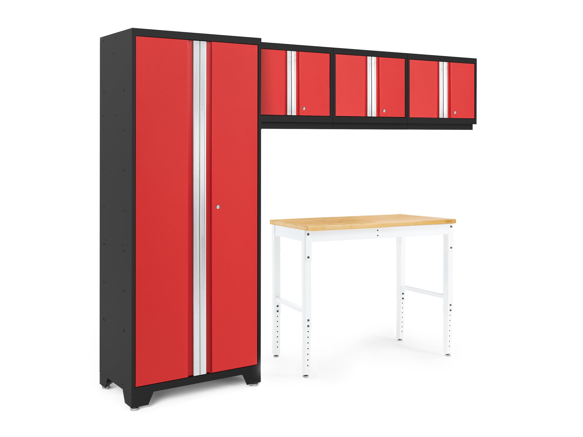 Bold Series 5 Piece Cabinet Set with Multi-use Locker, Wall Cabinet, and 48-Inch Workbench