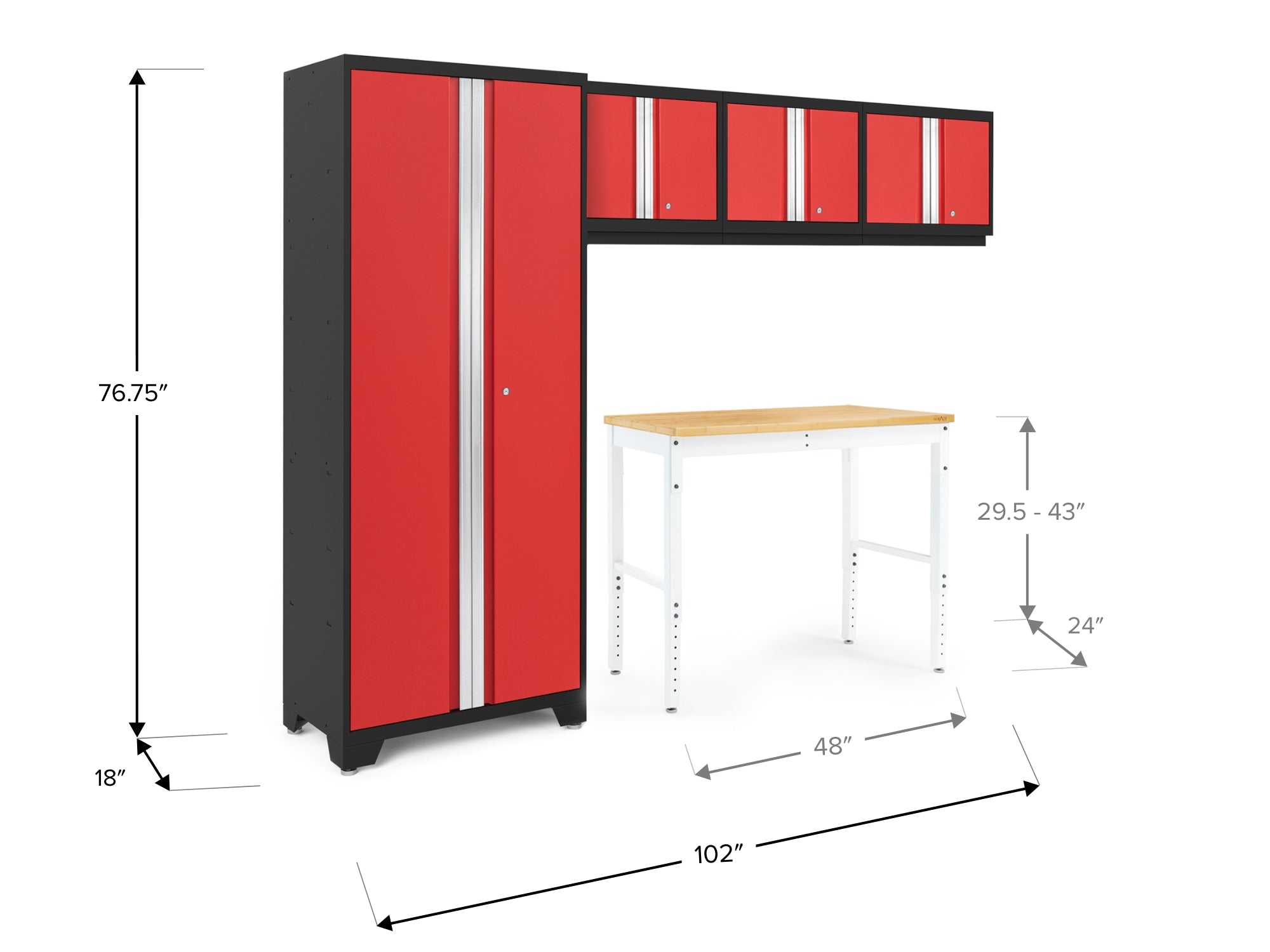 Bold Series 5 Piece Cabinet Set with Multi-use Locker, Wall Cabinet, and 48-Inch Workbench