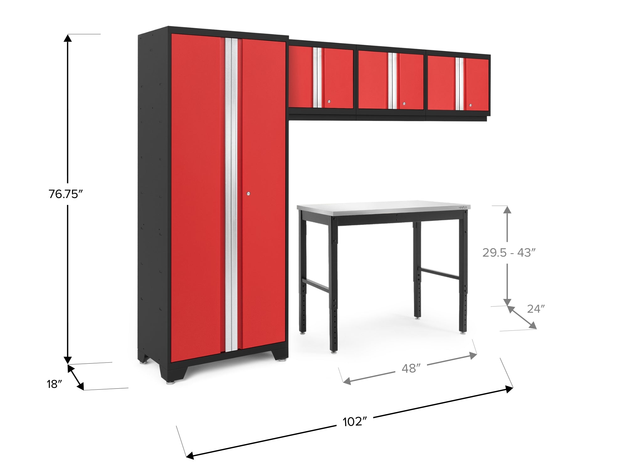 Bold Series 5 Piece Cabinet Set with Multi-use Locker, Wall Cabinet, and 48-Inch Workbench