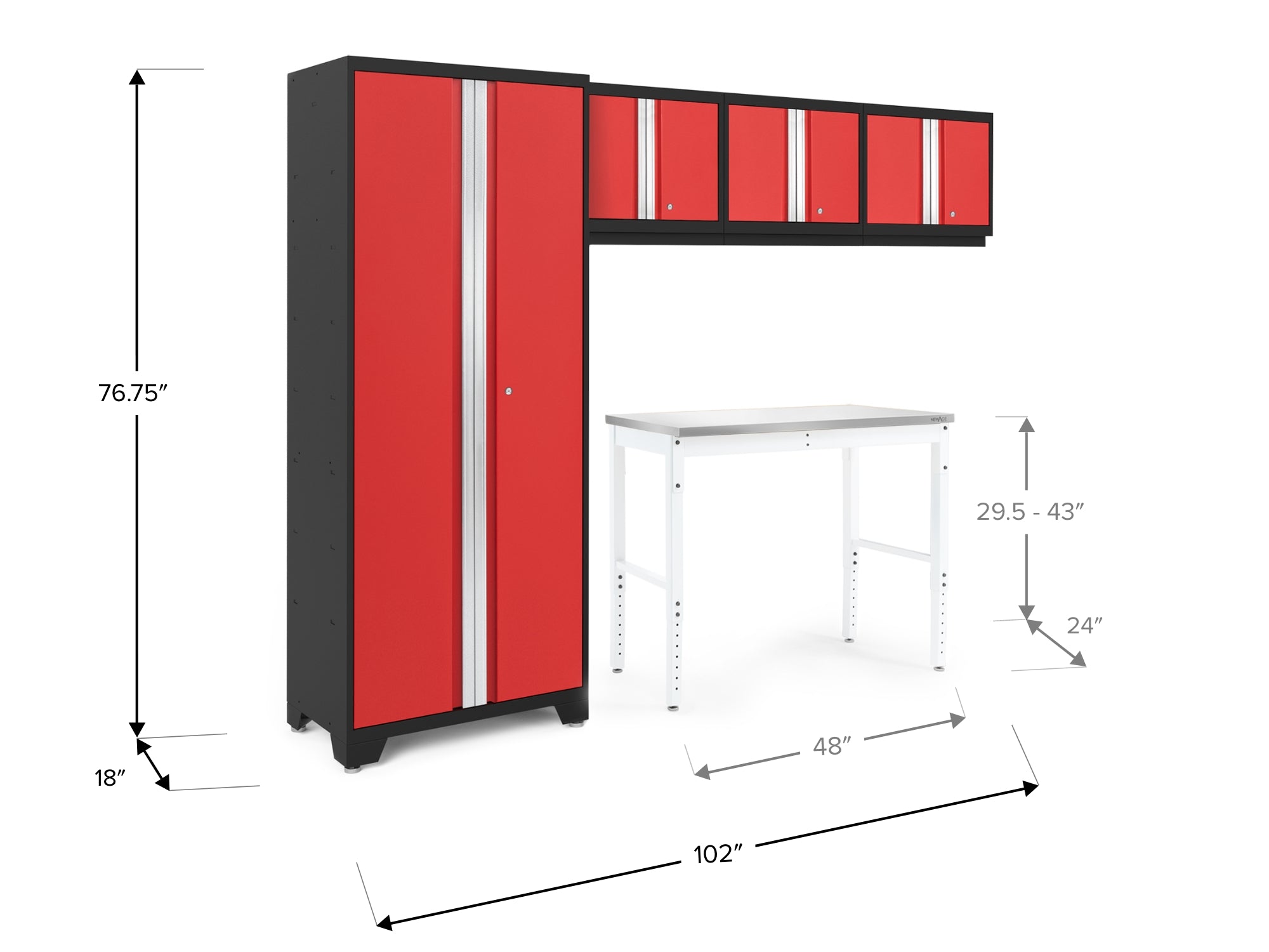 Bold Series 5 Piece Cabinet Set with Multi-use Locker, Wall Cabinet, and 48-Inch Workbench