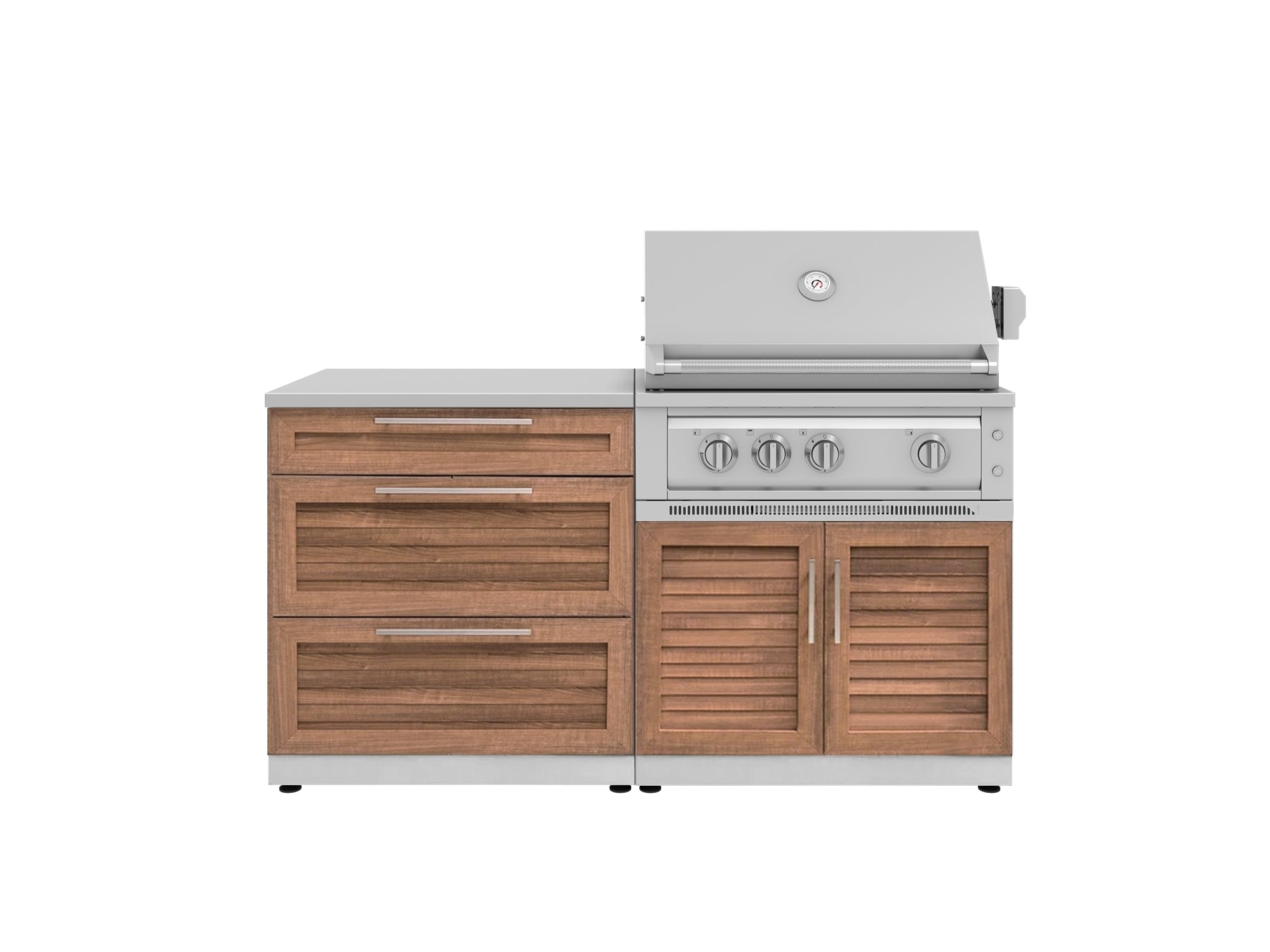 Outdoor Kitchen Stainless-Steel Louvered Doors 4 Piece Cabinet Set with 3 Drawer, Grill Cabinet, Platinum Grill, and Countertop