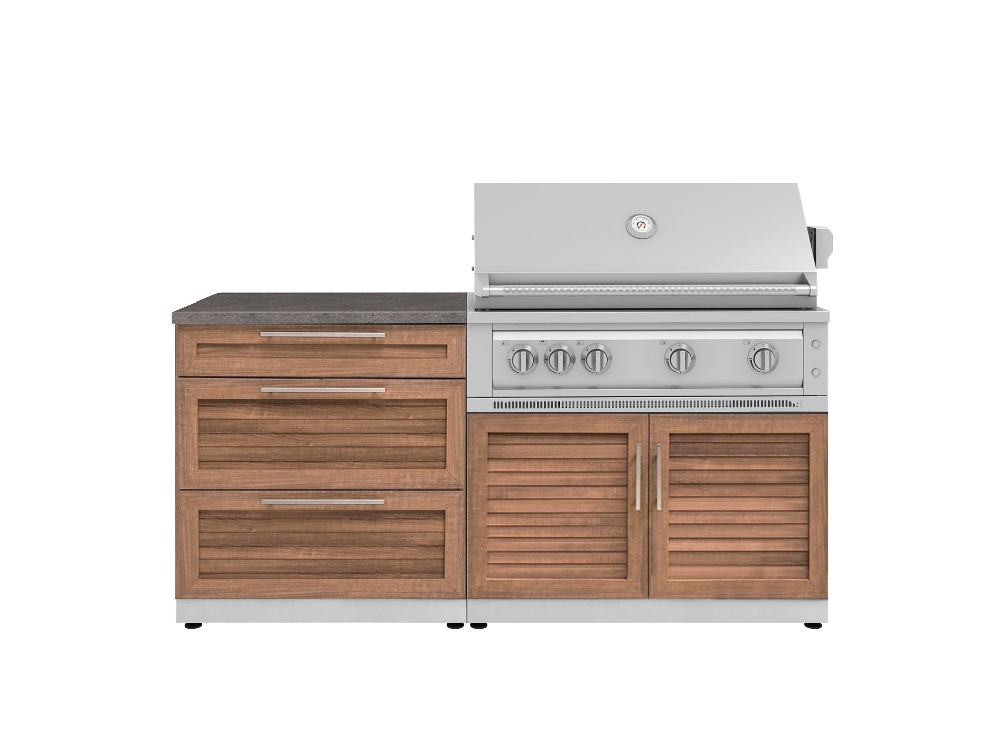 Outdoor Kitchen Stainless-Steel Louvered Doors 4 Piece Cabinet Set with 3 Drawer, Grill Cabinet, Platinum Grill, and Countertop