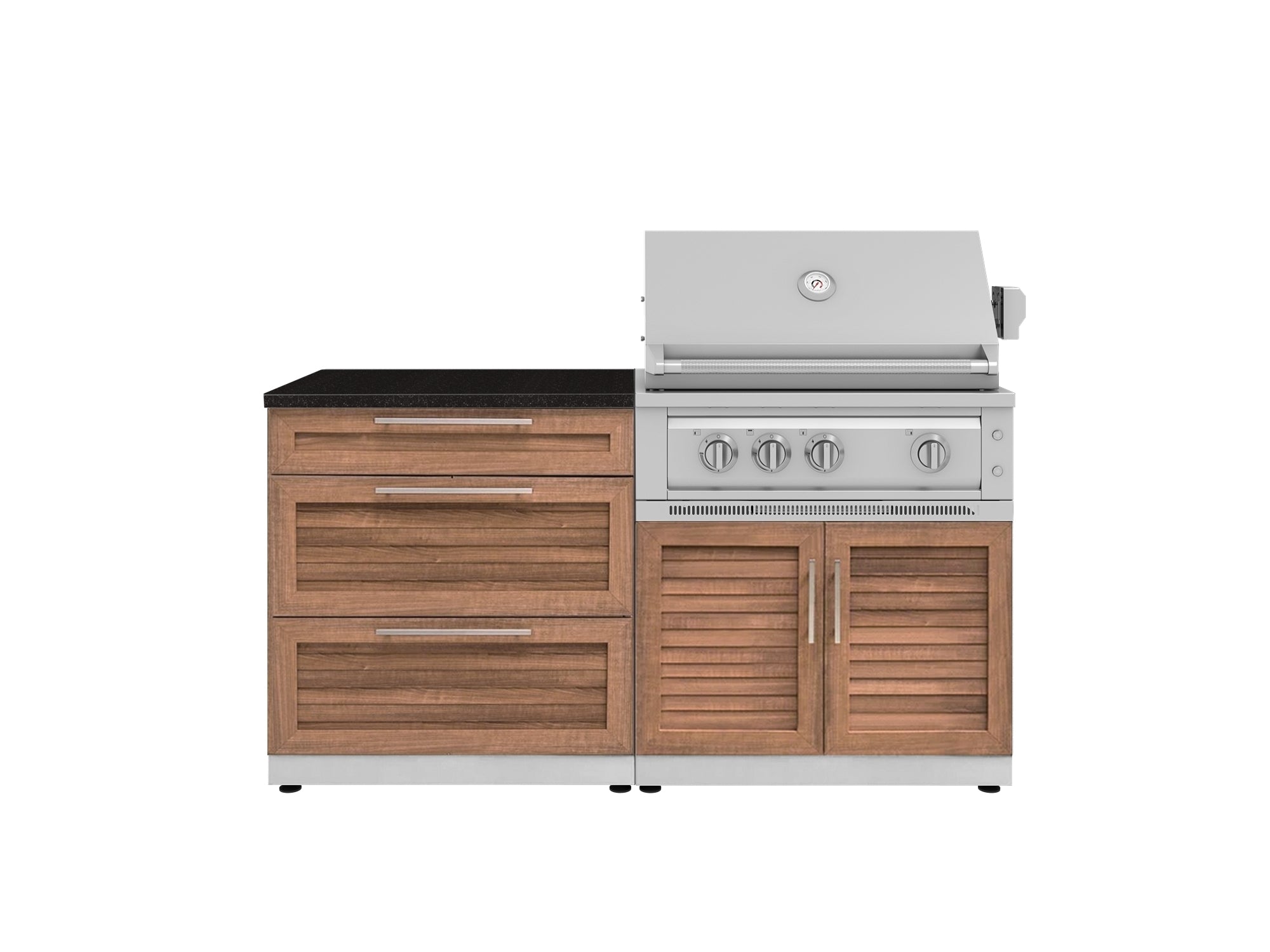 Outdoor Kitchen Stainless-Steel Louvered Doors 4 Piece Cabinet Set with 3 Drawer, Grill Cabinet, Platinum Grill, and Countertop