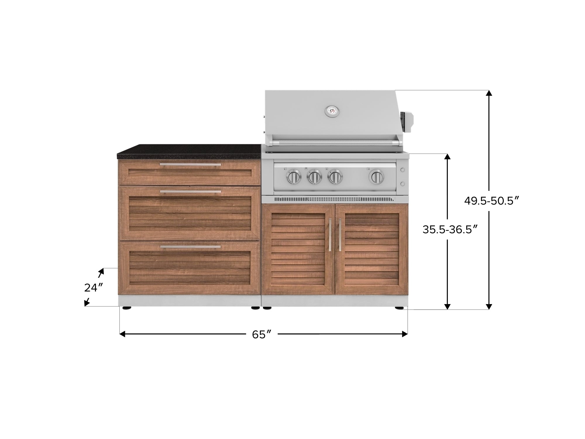 Outdoor Kitchen Stainless-Steel Louvered Doors 4 Piece Cabinet Set with 3 Drawer, Grill Cabinet, Platinum Grill, and Countertop