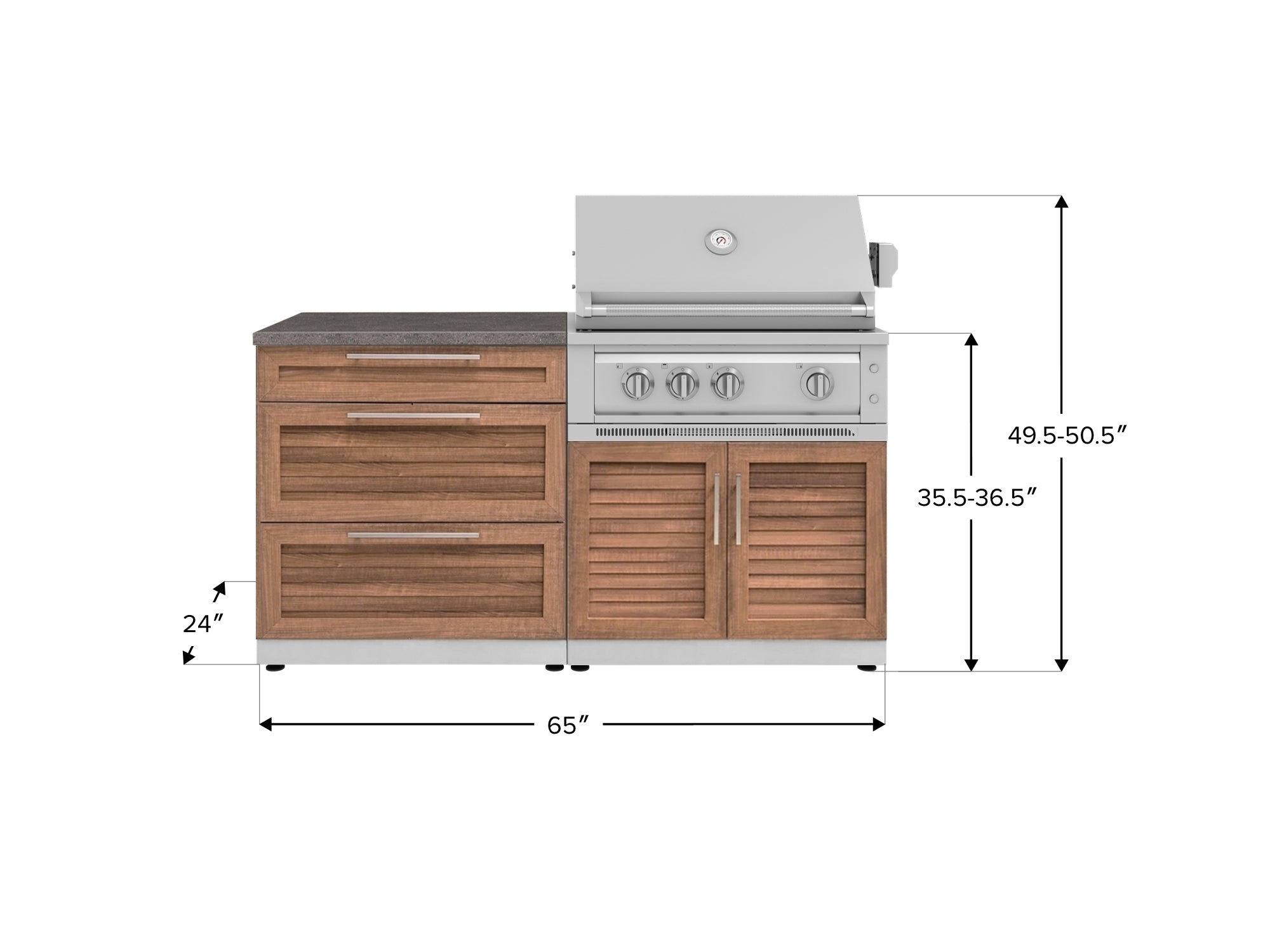 Outdoor Kitchen Stainless-Steel Louvered Doors 4 Piece Cabinet Set with 3 Drawer, Grill Cabinet, Platinum Grill, and Countertop