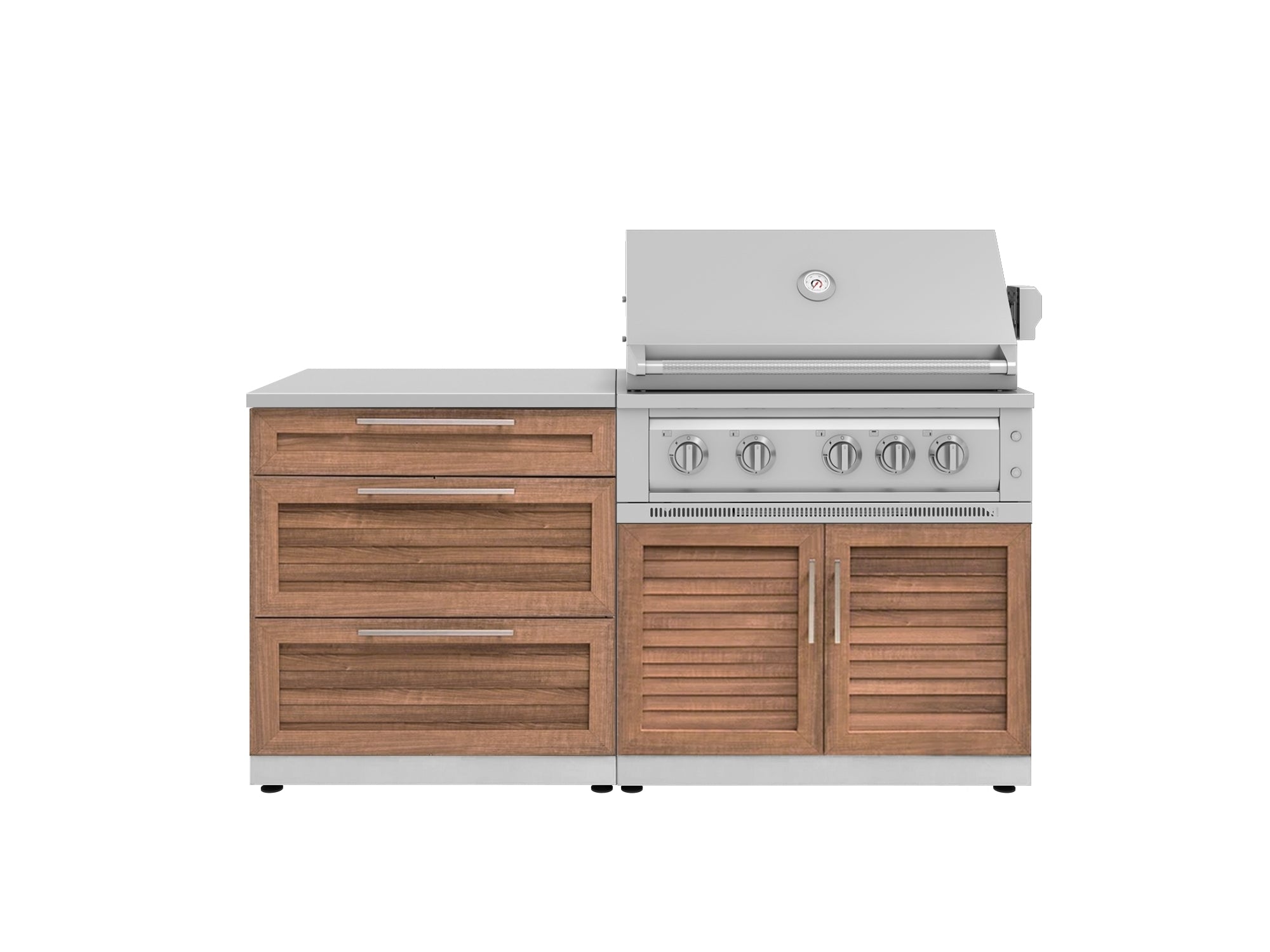 Outdoor Kitchen Stainless-Steel Louvered Doors 4 Piece Cabinet Set with 3 Drawer, Grill Cabinet, Platinum Grill, and Countertop