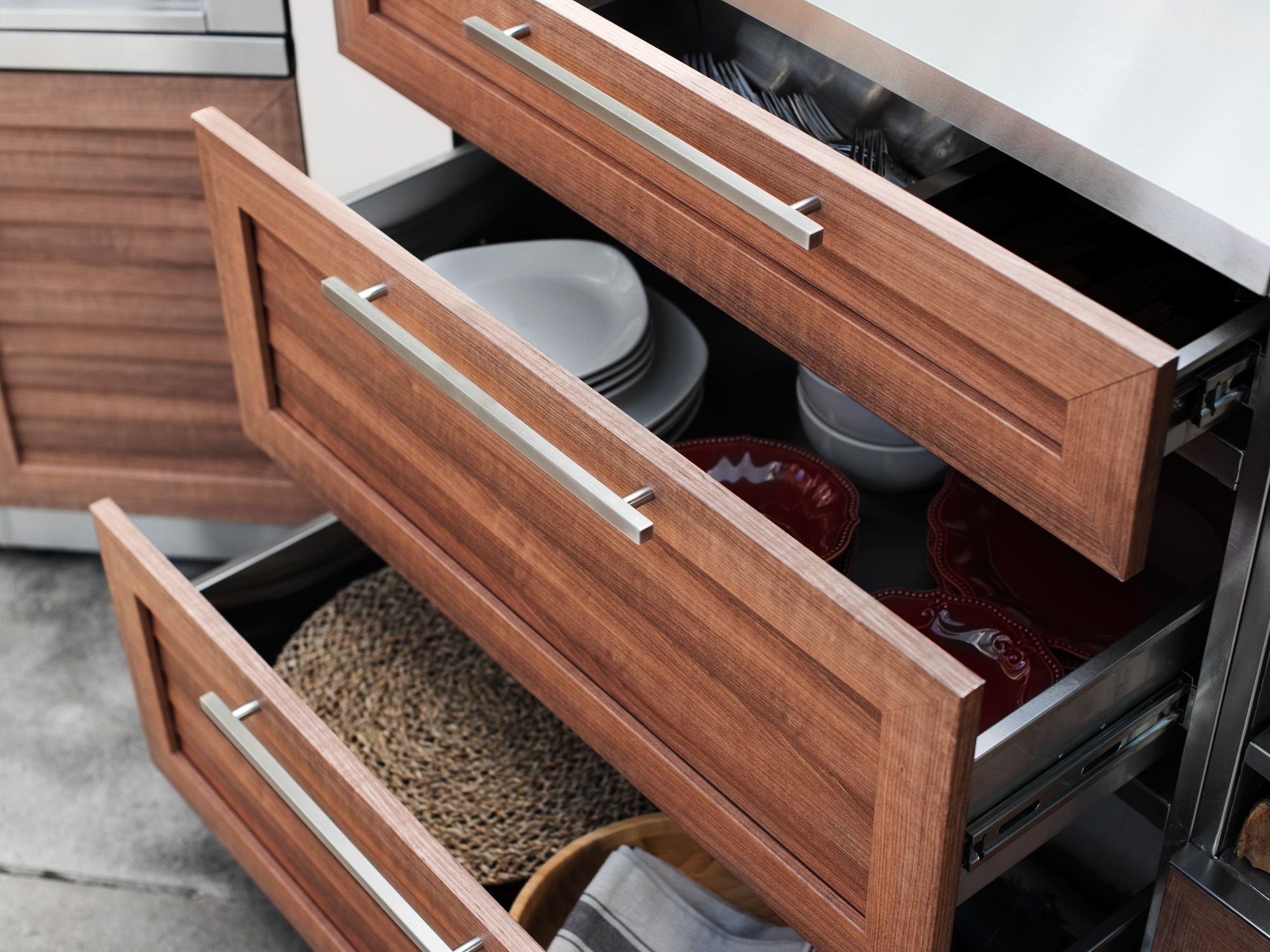 Outdoor Kitchen Stainless-Steel Louvered Doors 4 Piece Cabinet Set with 3 Drawer, Grill Cabinet, Platinum Grill, and Countertop