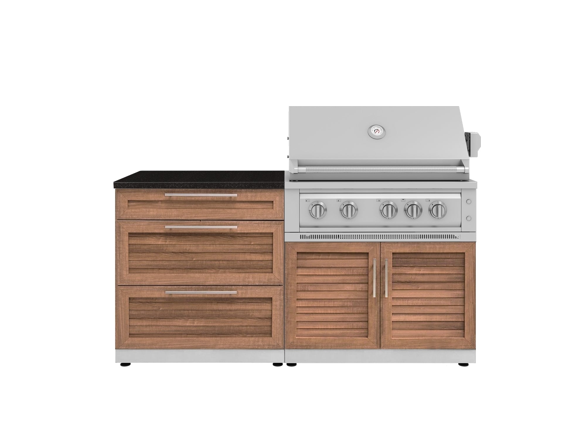 Outdoor Kitchen Stainless-Steel Louvered Doors 4 Piece Cabinet Set with 3 Drawer, Grill Cabinet, Platinum Grill, and Countertop