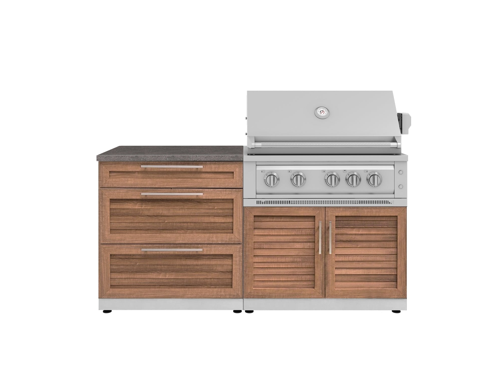 Outdoor Kitchen Stainless-Steel Louvered Doors 4 Piece Cabinet Set with 3 Drawer, Grill Cabinet, Platinum Grill, and Countertop