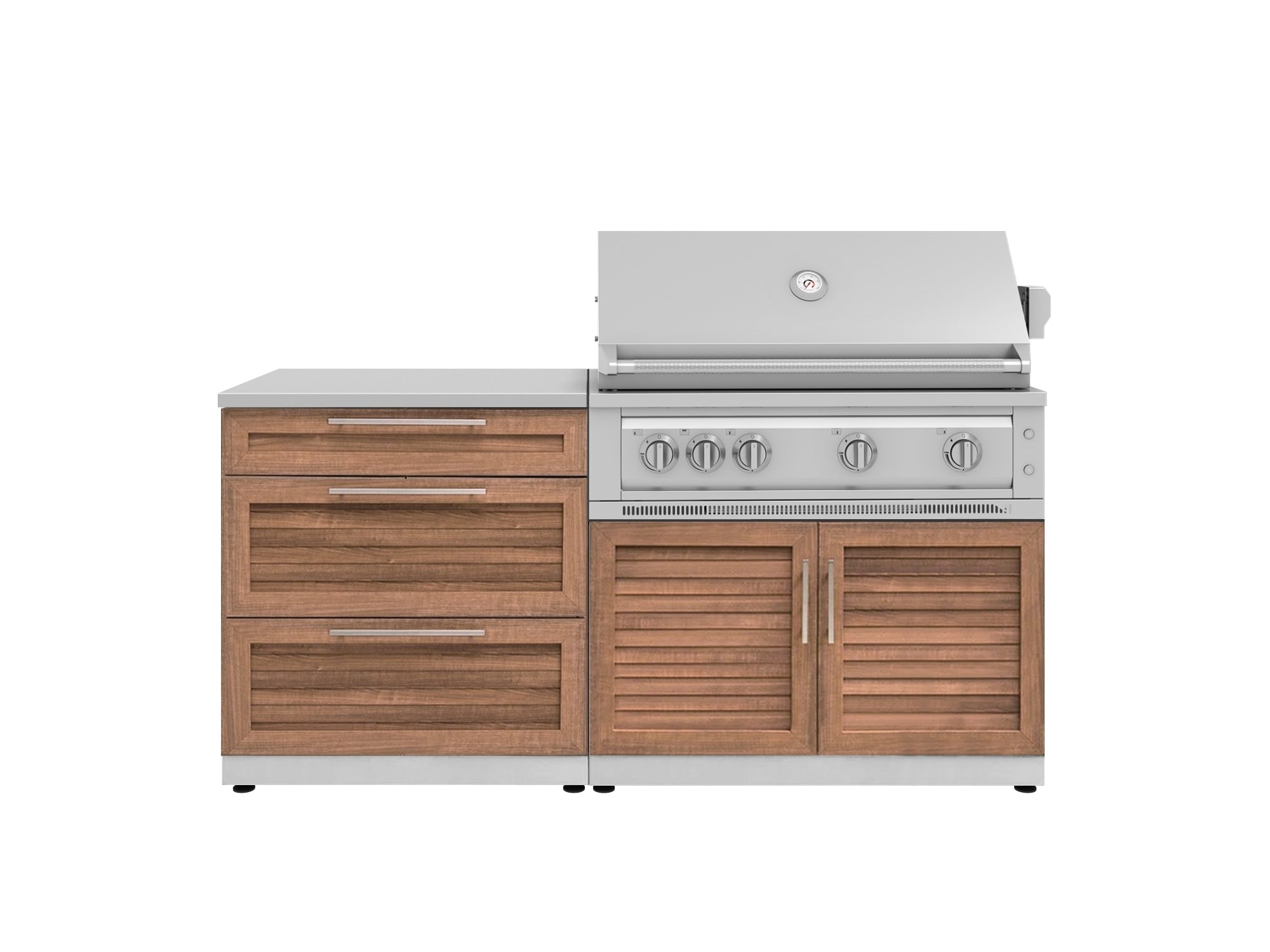 Outdoor Kitchen Stainless-Steel Louvered Doors 4 Piece Cabinet Set with 3 Drawer, Grill Cabinet, Platinum Grill, and Countertop