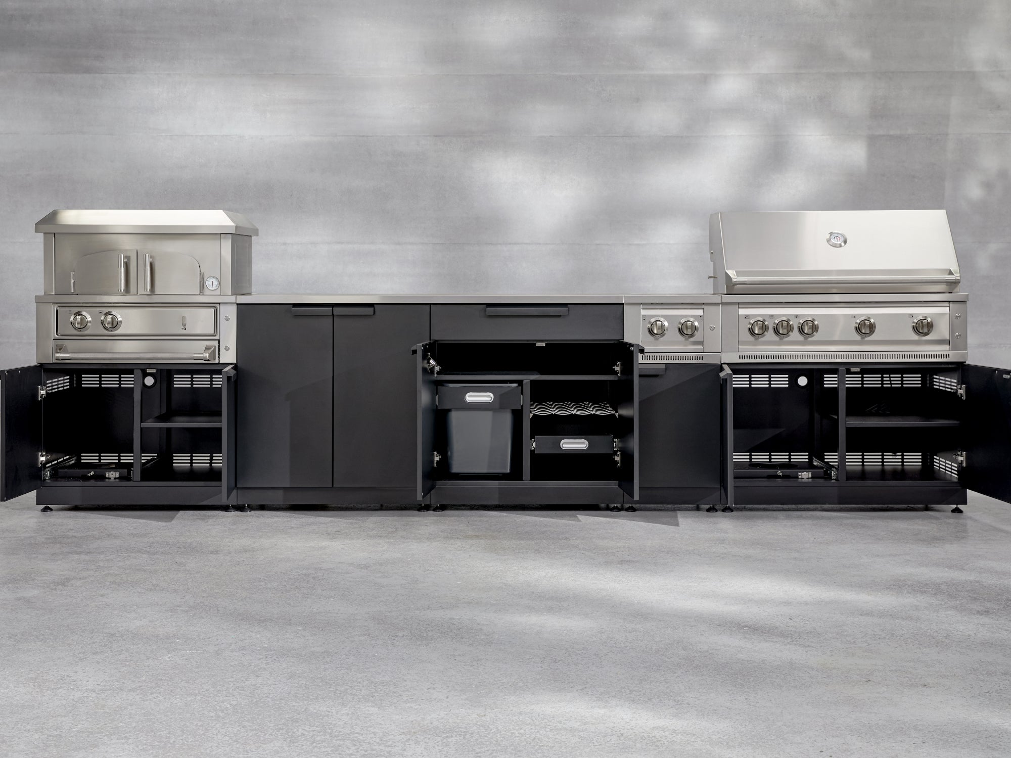 Outdoor Kitchen Stainless Steel 5 Piece Cabinet Set with 3-Drawer, 2-Door Cabinet, Countertops and Fridge